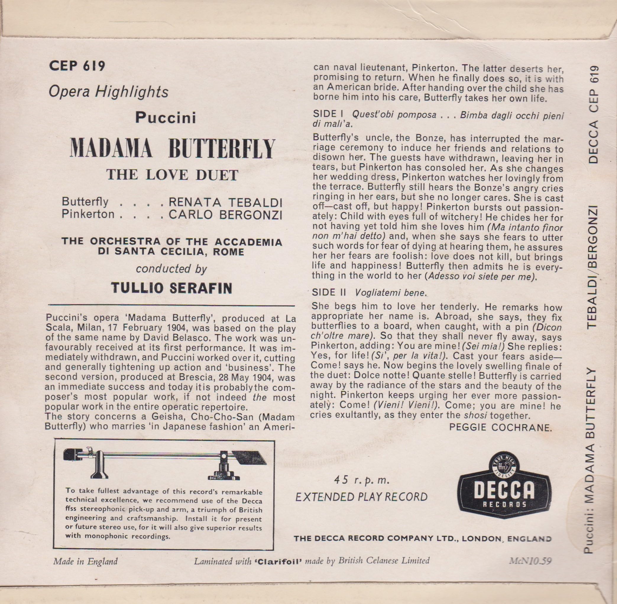 Puccini - Madama Butterfly Opera Highlights (Decca 1959) 7" vinyl EP VG/VG
