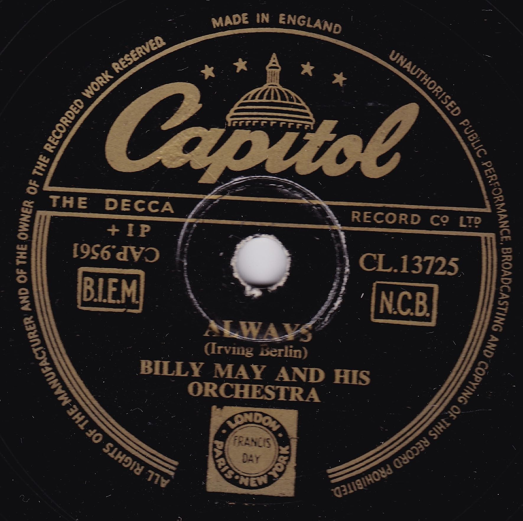 Billy May And His Orchestra – Always (Capitol 1952) 10" 78RPM shellac single VG/-