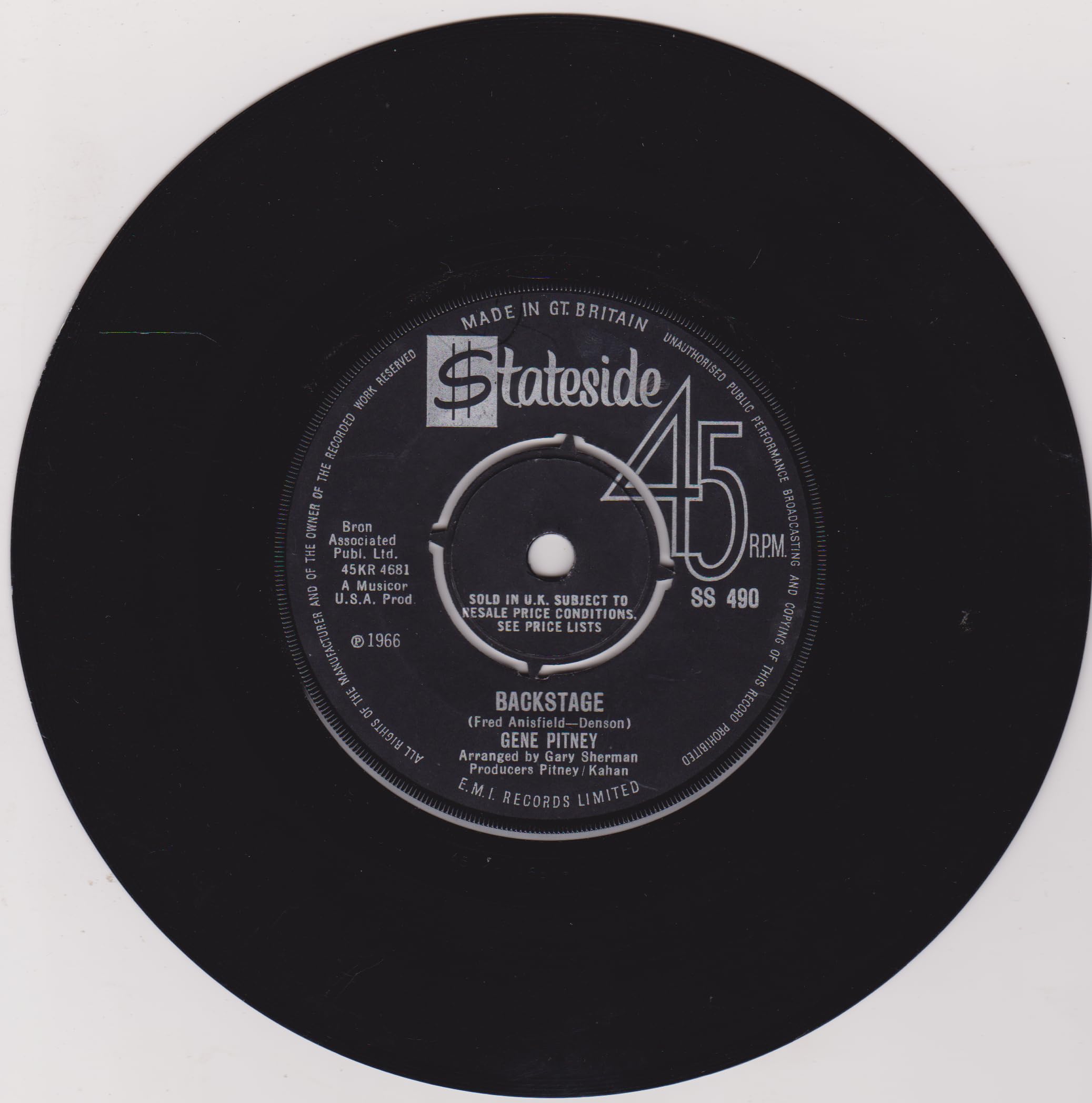 Gene Pitney ‎– Backstage (Stateside 1966) 7" vinyl single VG/-