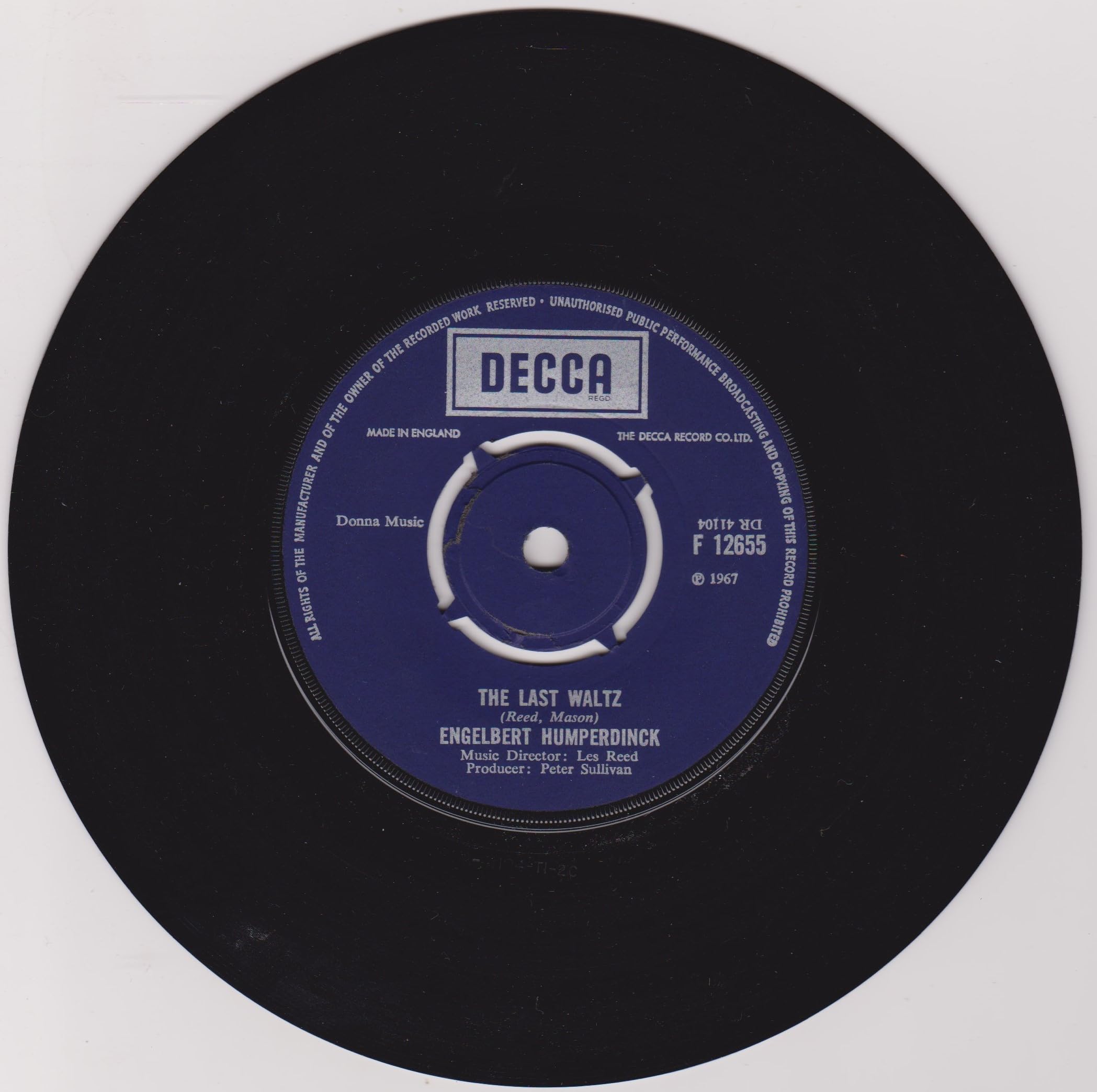 Engelbert Humperdinck - The Last Waltz (Decca 1967) 7" vinyl single VG/G+
