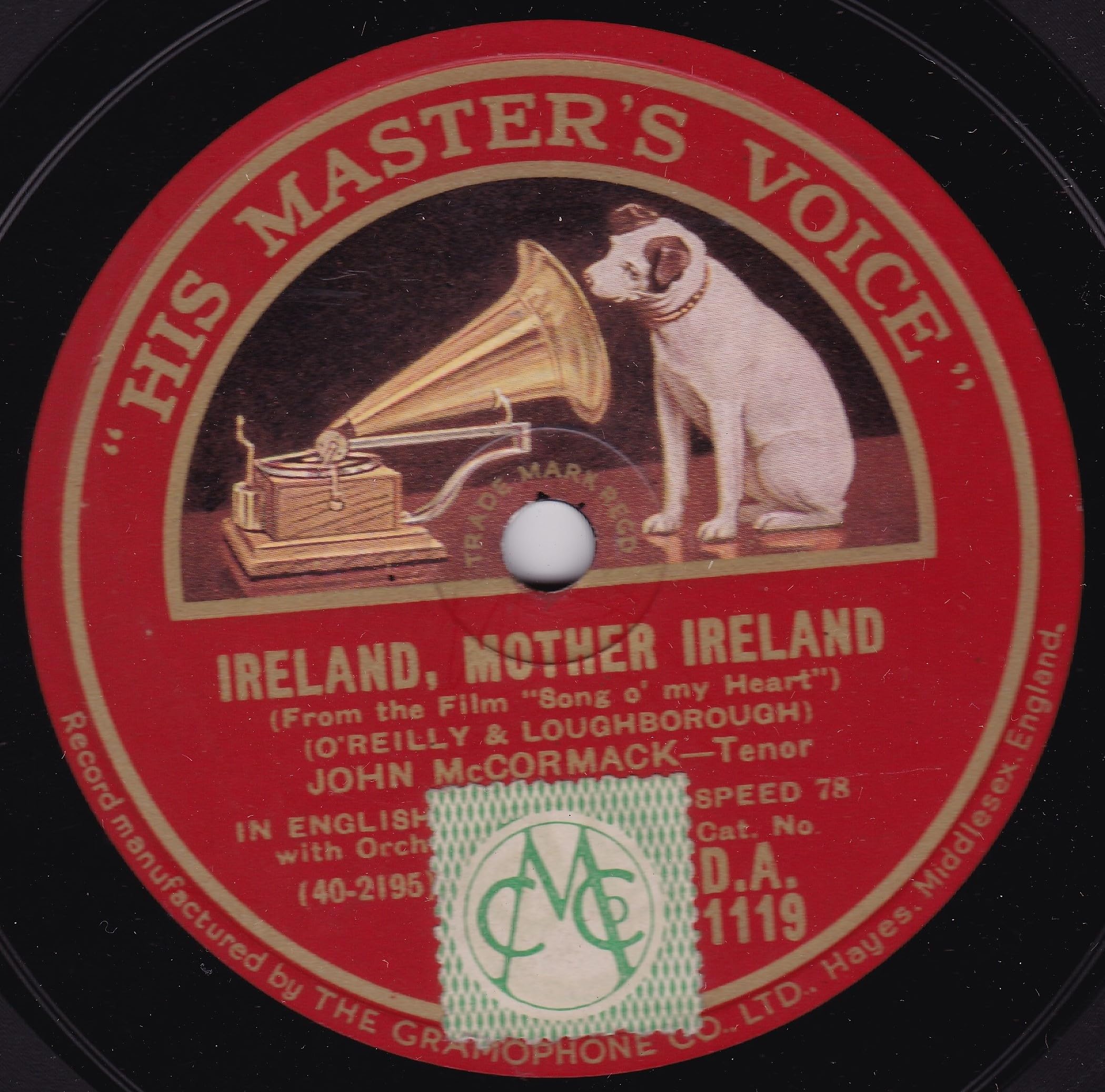 John McCormack - The Rose of Tralee (HMV) 10" 78RPM shellac single VG/-