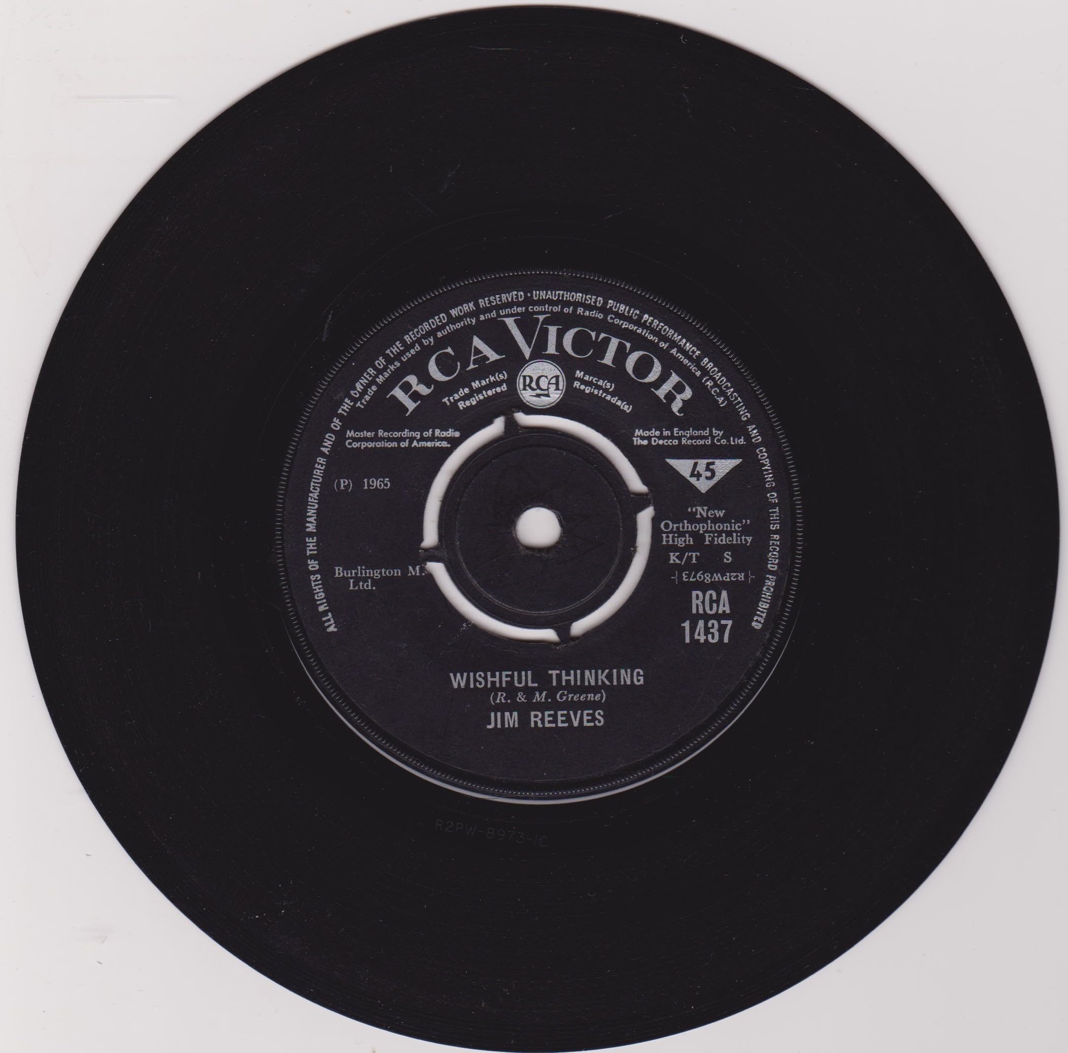 Jim Reeves ‎– It Hurts So Much (To See You Go) (RCA Victor 1965) 7" vinyl single VG/-