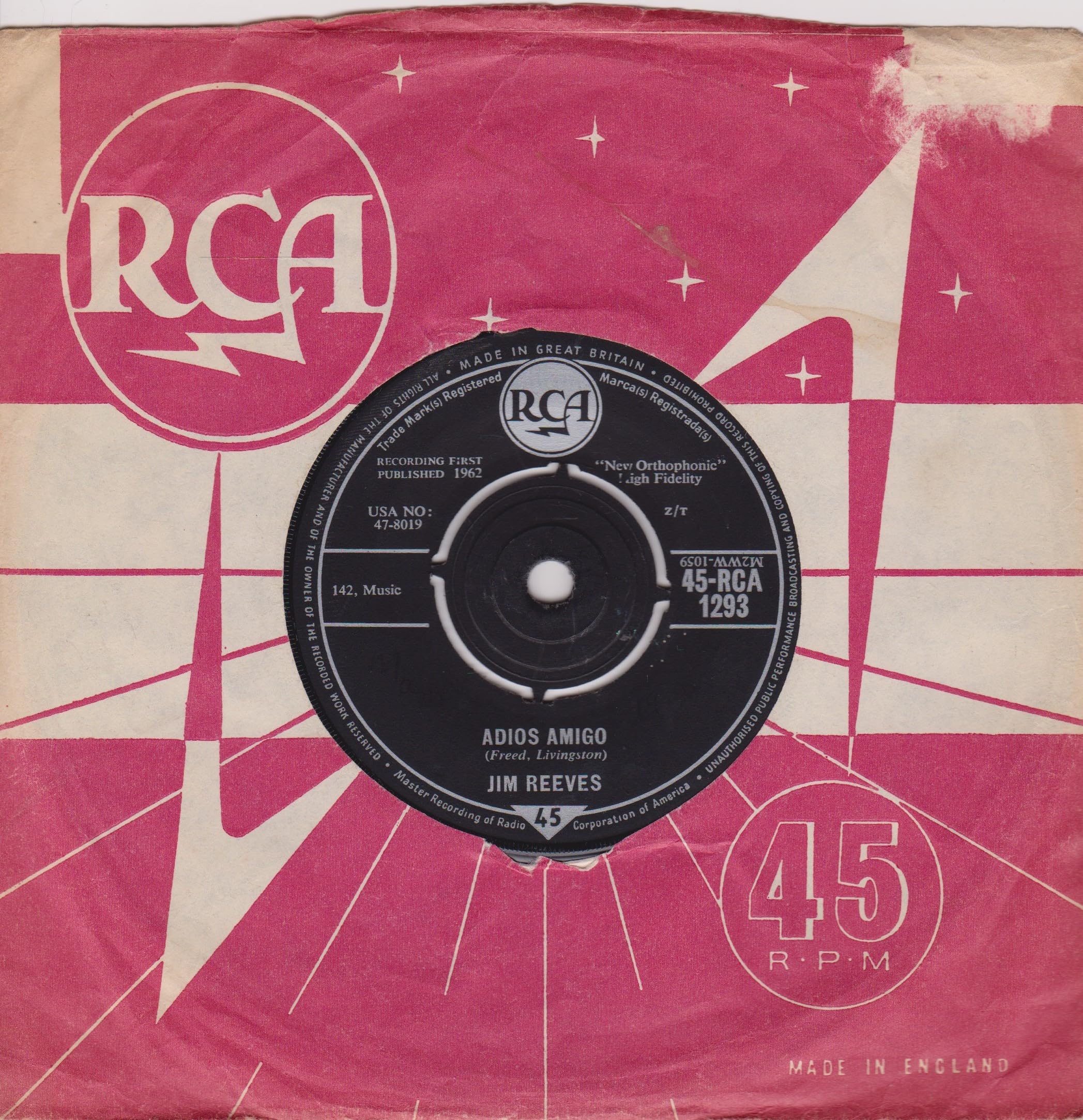 Jim Reeves - Adios Amigo (RCA 1962) 7" vinyl single VG/VG