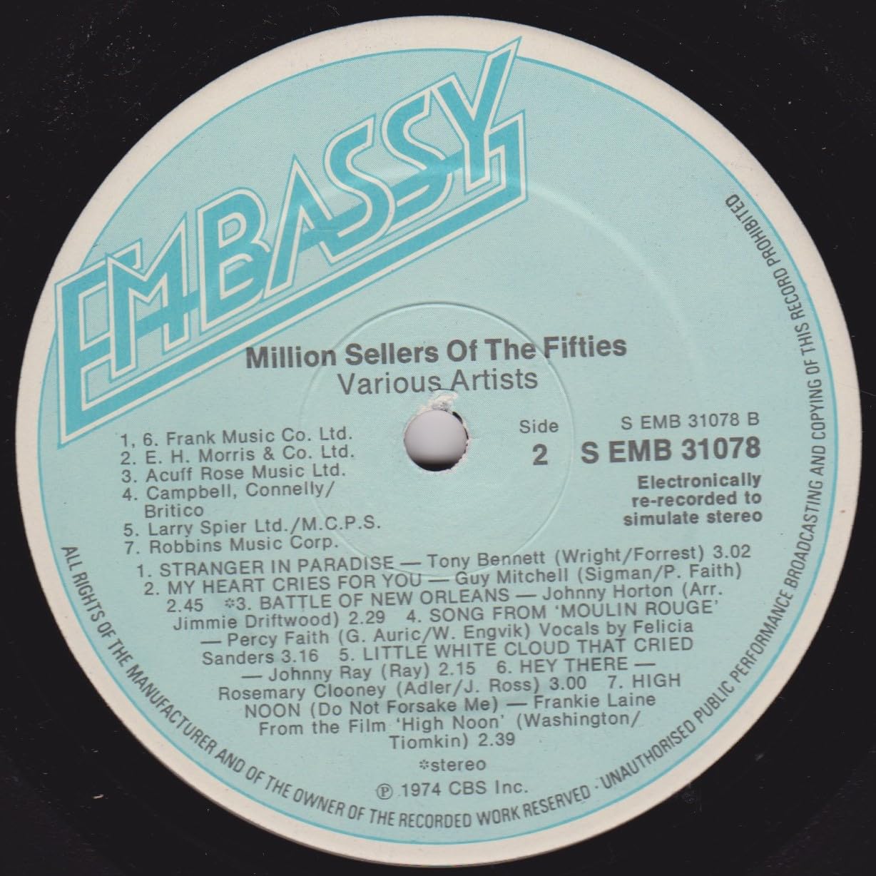 Various ‎– Million Sellers Of The 50's (Embassy 1974) 12" vinyl LP VG/G+