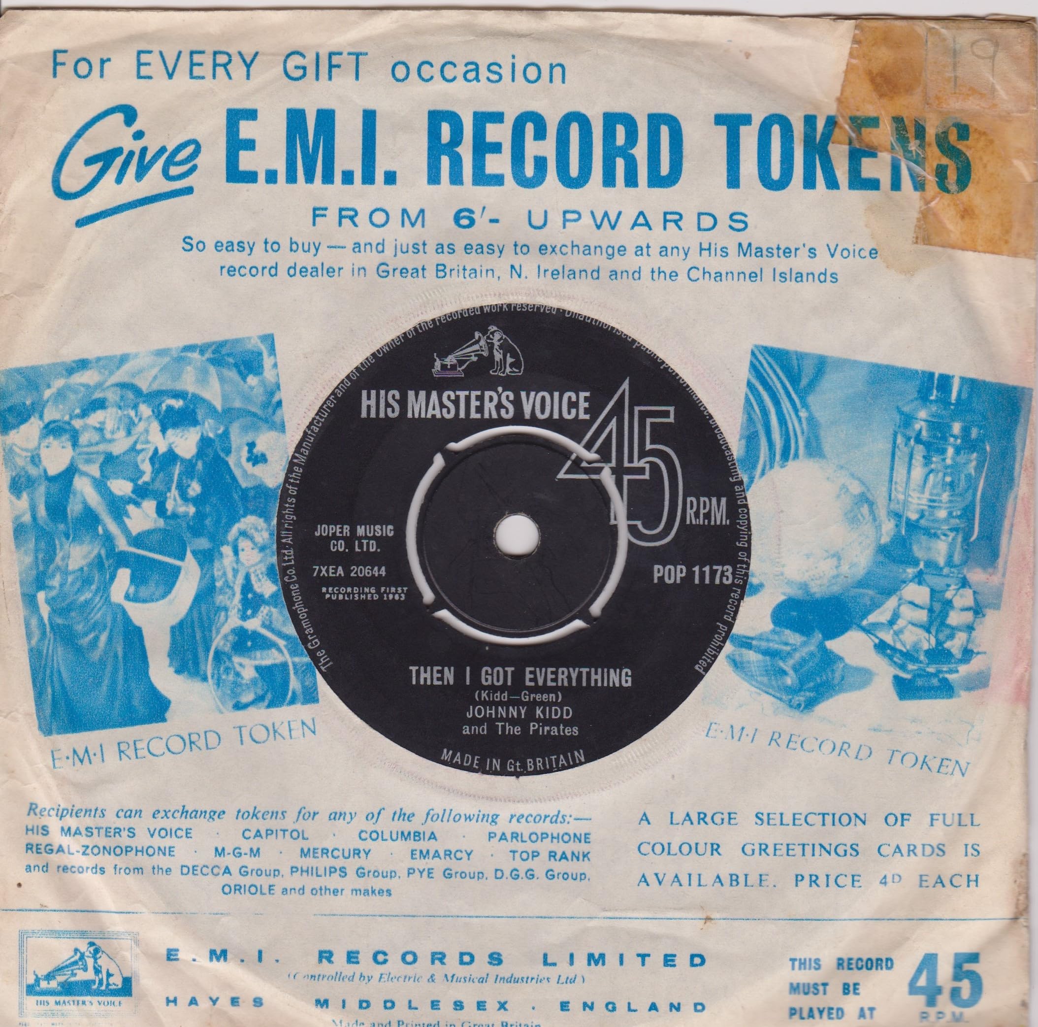 Johnny Kidd And The Pirates ‎– I'll Never Get Over You (HMV 1963) 7" vinyl single VG/-