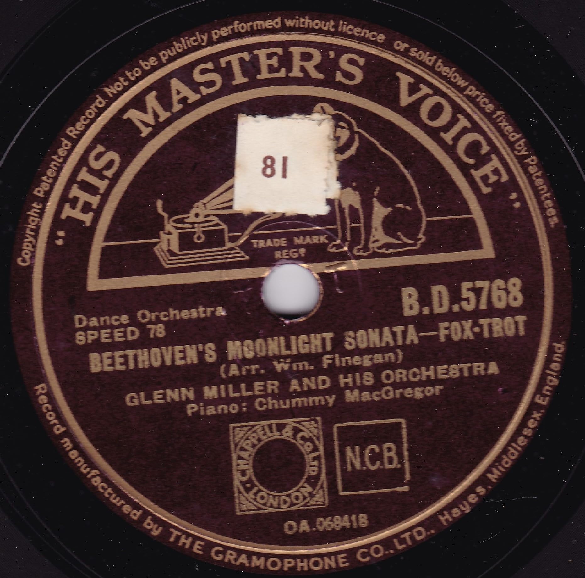 Glenn Miller And His Orchestra ‎– Beethoven's Moonlight Sonata (HMV) 10" 78RPM shellac single VG/-