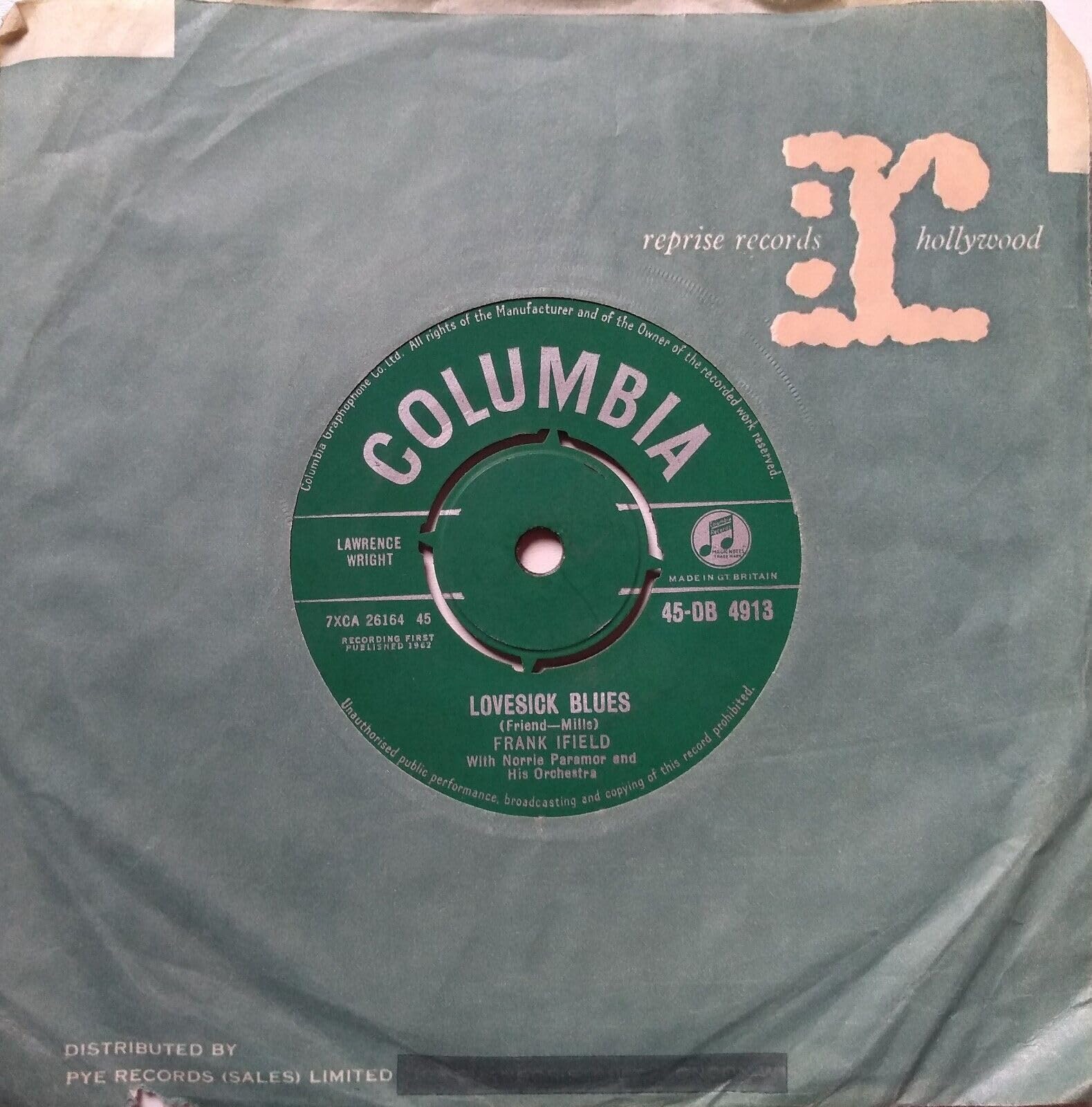 Frank Ifield With Norrie Paramor And His Orchestra – Lovesick Blues (Columbia 1962) 7" vinyl single VG/-