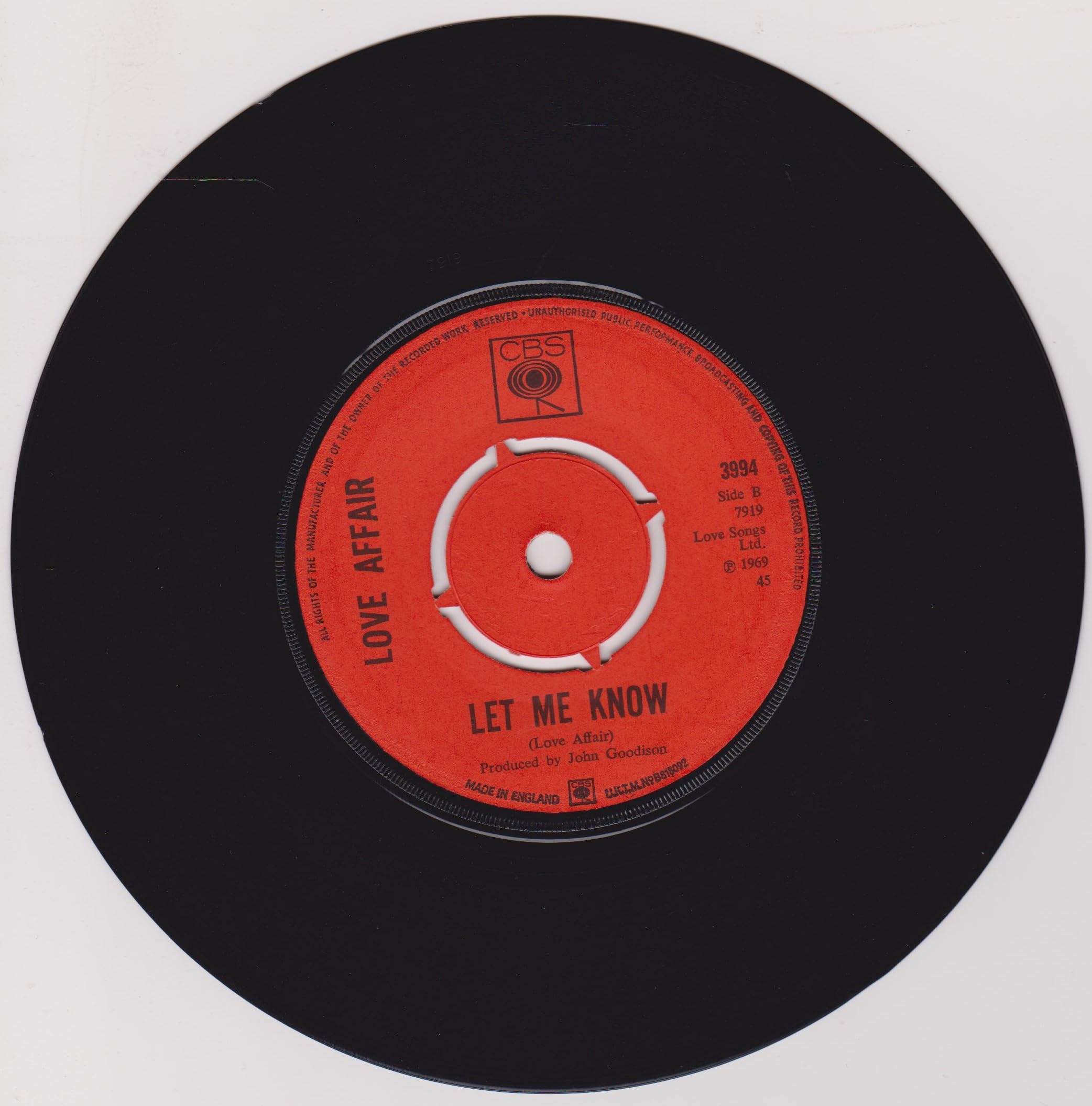 Love Affair – One Road (CBS 1969) 7" vinyl single VG/-