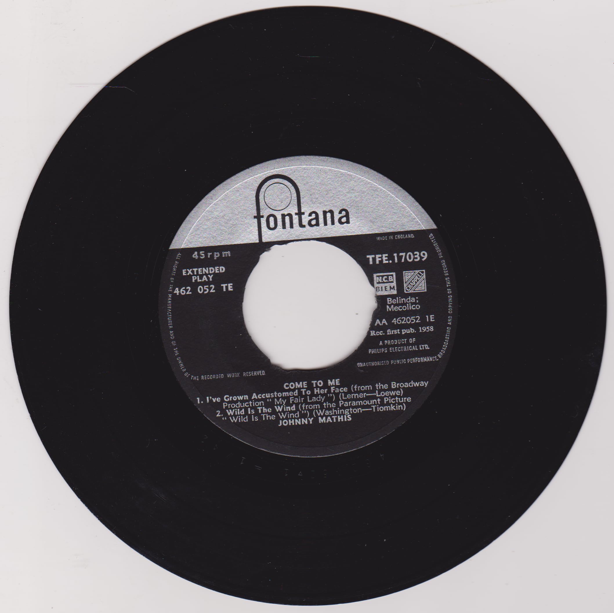 Johnny Mathis – Come To Me (Fontana 1958) 7" vinyl EP VG/VG