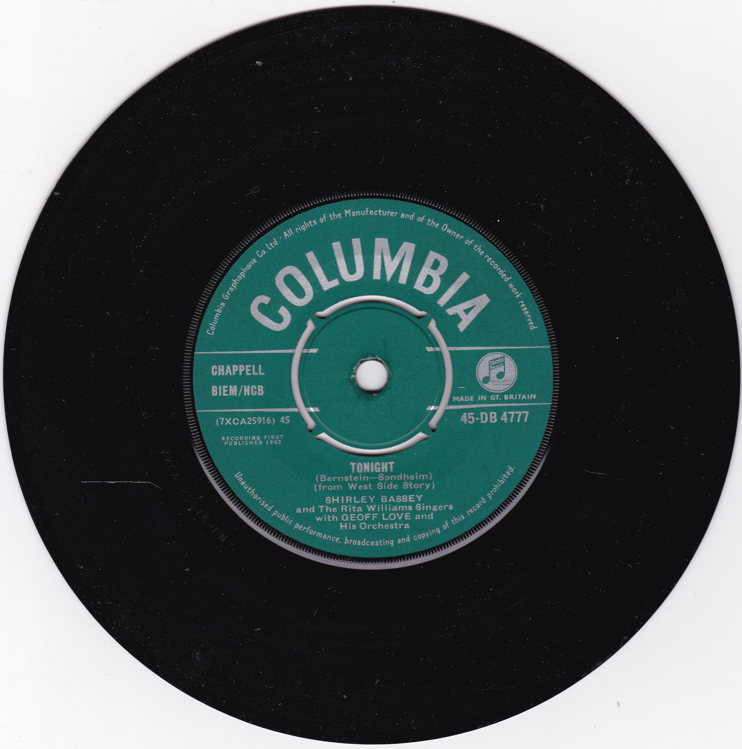 Shirley Bassey And The Rita Williams Singers With Geoff Love & His Orchestra ‎– Tonight (Columbia 1962) 7" vinyl single VG/G+