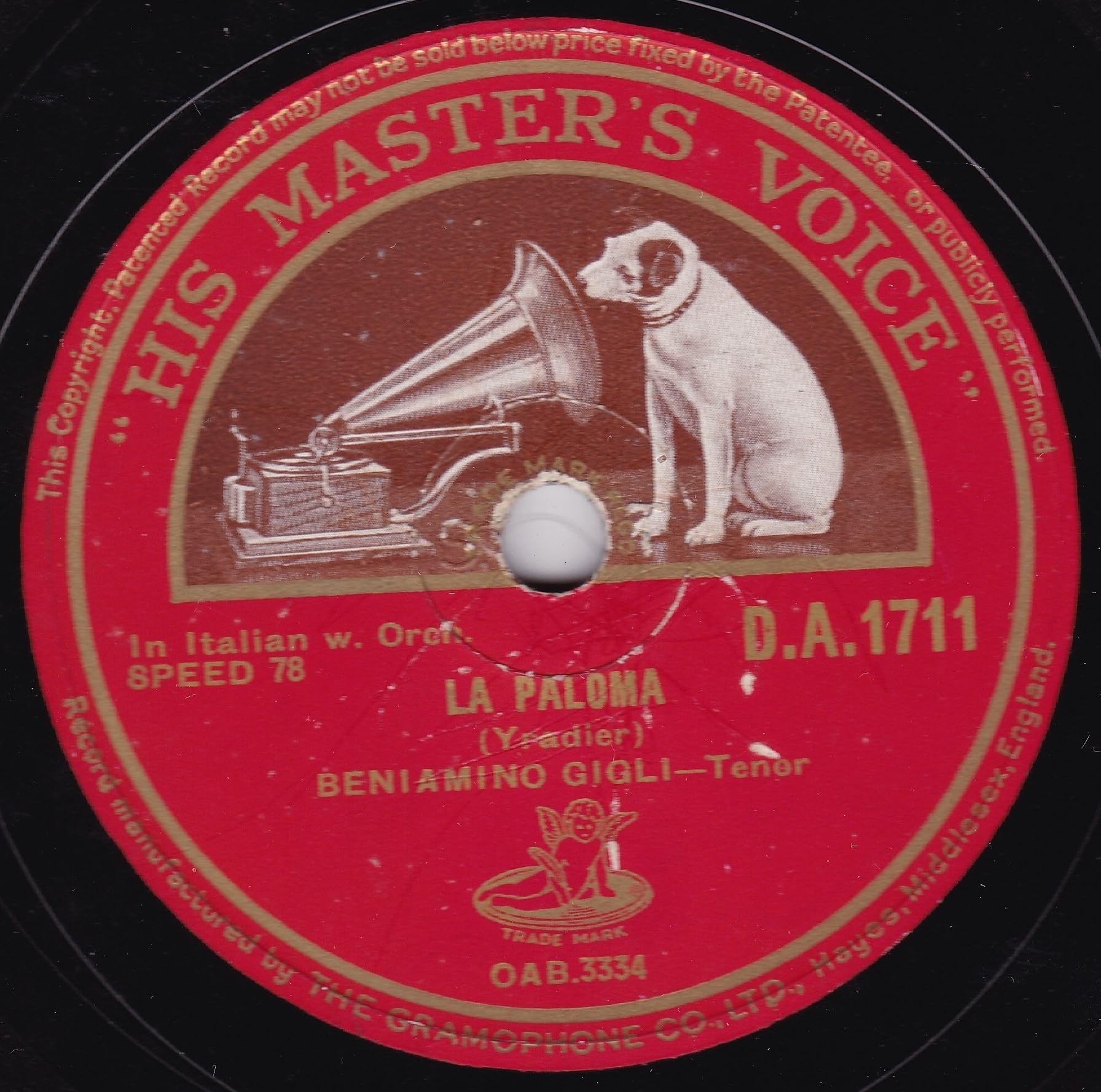 Beniamino Gigli – La Paloma (HMV 1939) 10" 78RPM shellac single VG/P
