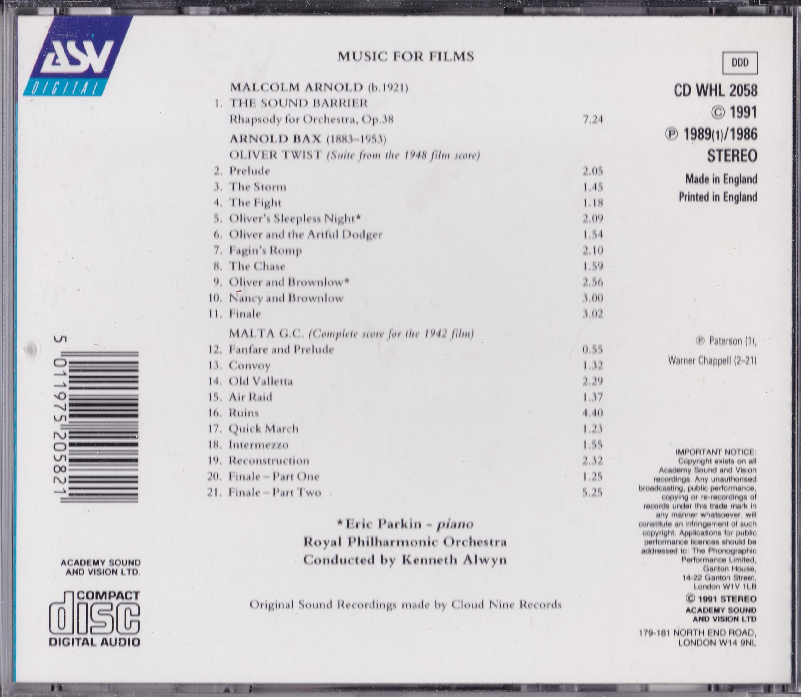 Arnold Bax, Malcolm Arnold ‎– Music For Films: Oliver Twist, Malta G,C. The Sound Barrier (1991) CD album