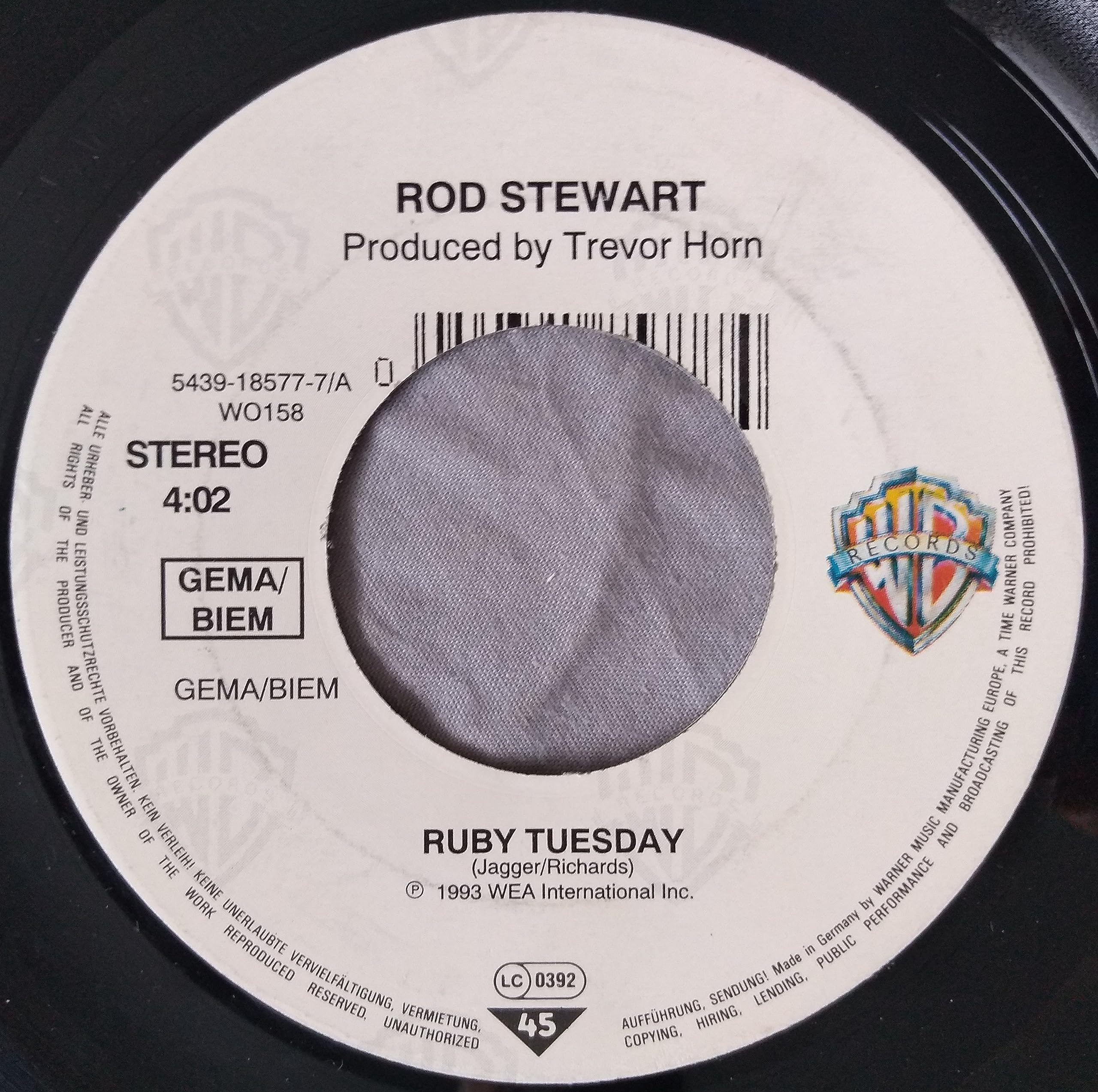 Rod Stewart – Ruby Tuesday (WB 1993) 7” vinyl single VG/- jukebox centre