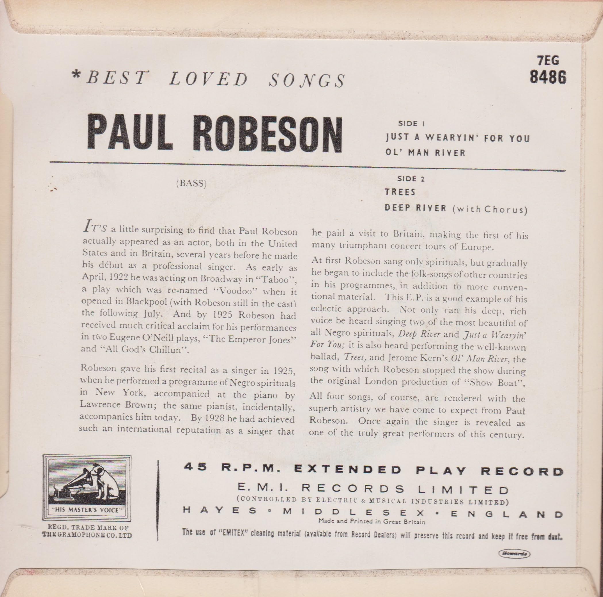 Paul Robeson ‎– Best Loved Songs (HMV) 7" vinyl EP VG/VG