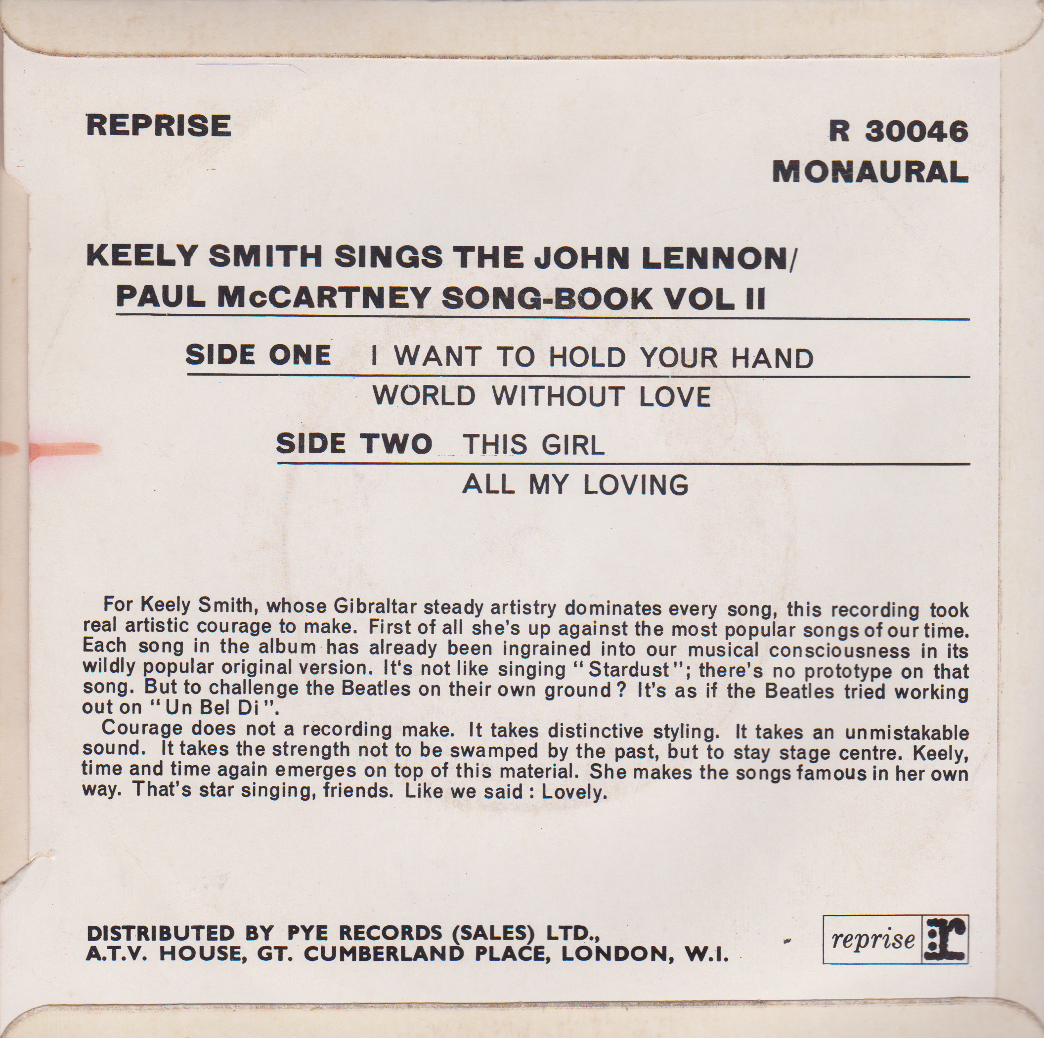  Keely Smith – Sings The John Lennon-Paul McCartney Songbook Volume 2 7" vinyl EP