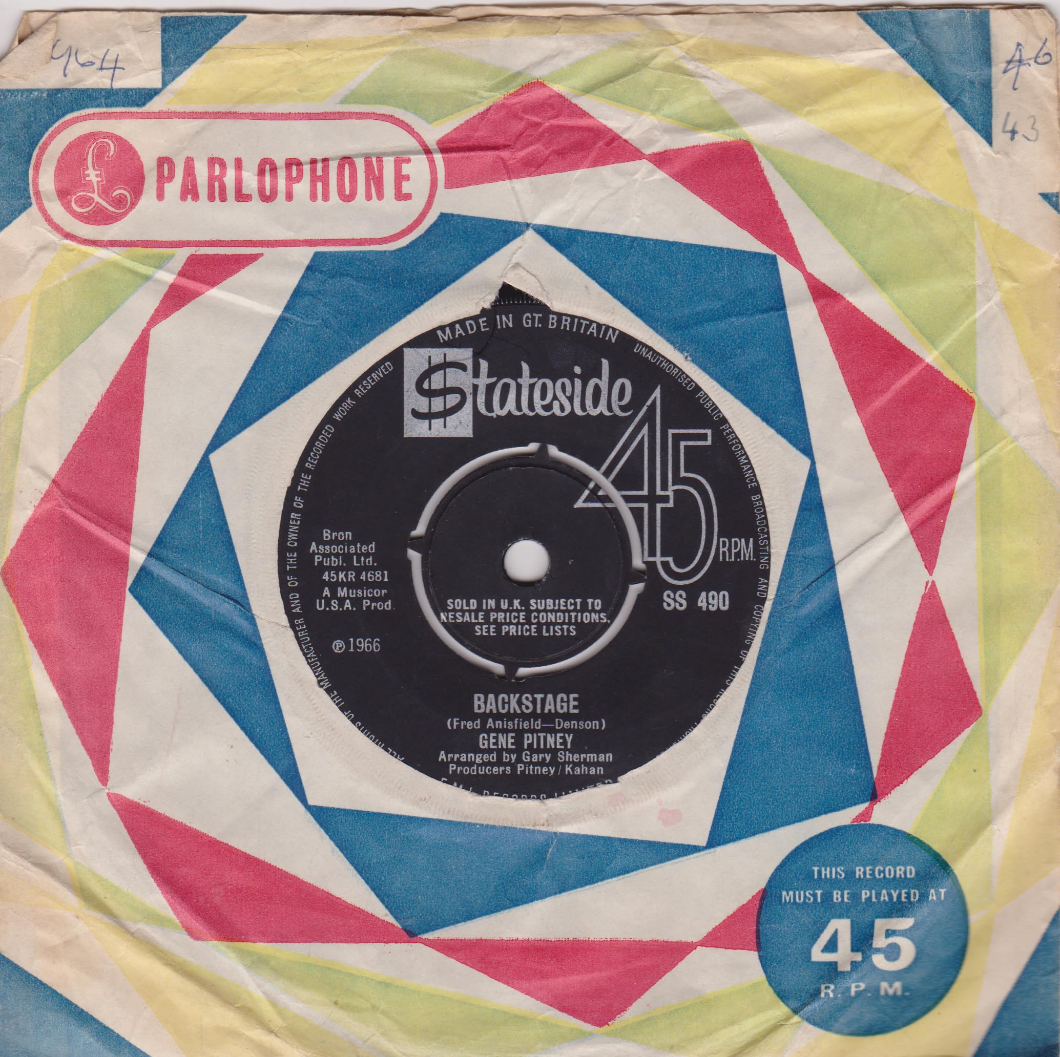 Gene Pitney – Backstage (Stateside 1966) 7" vinyl single VG/-