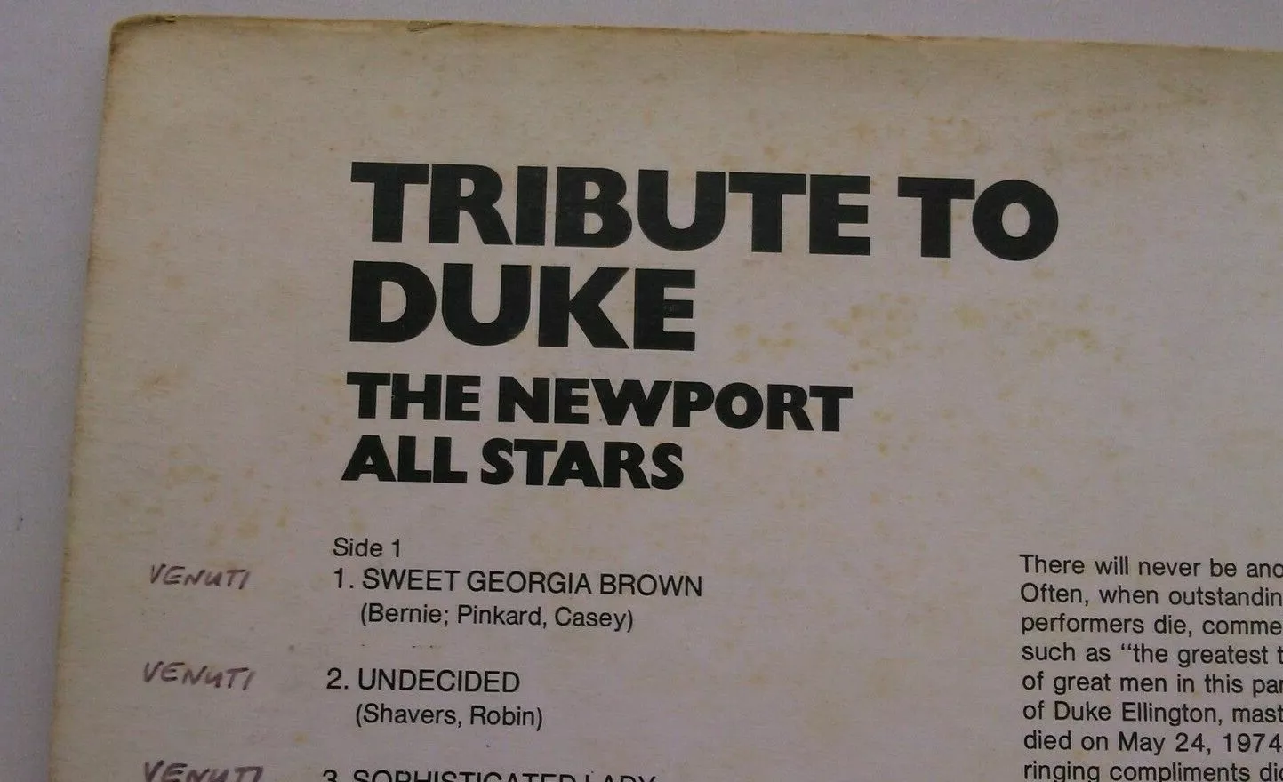  The Newport All Stars – Tribute To Duke (MPS, 1974) 12" vinyl LP VG/VG