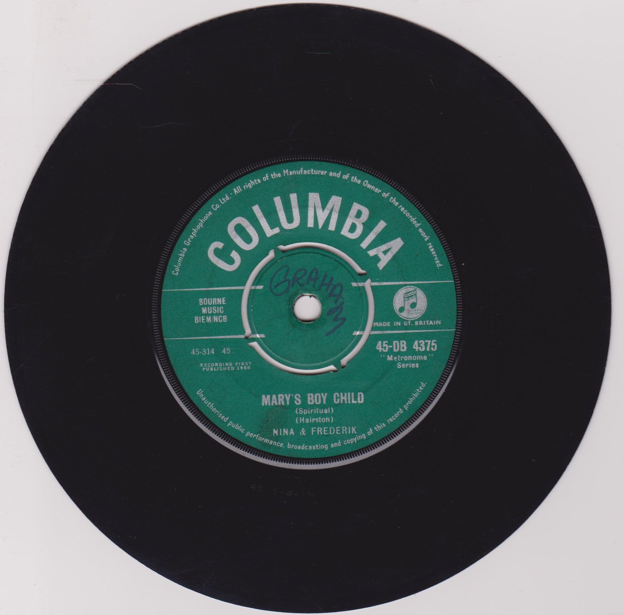 Nina & Frederik ‎– Mary's Boy Child (Columbia 1960) 7" vinyl single VG/-