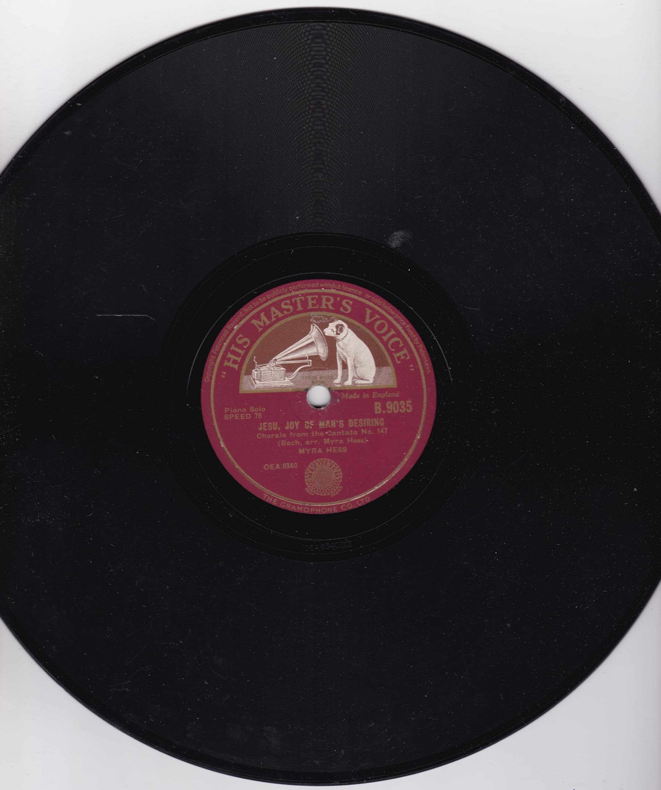 Myra Hess ‎– Jesu, Joy Of Man's Desiring (HMV 1946) 10" 78RPM shellac single VG/-