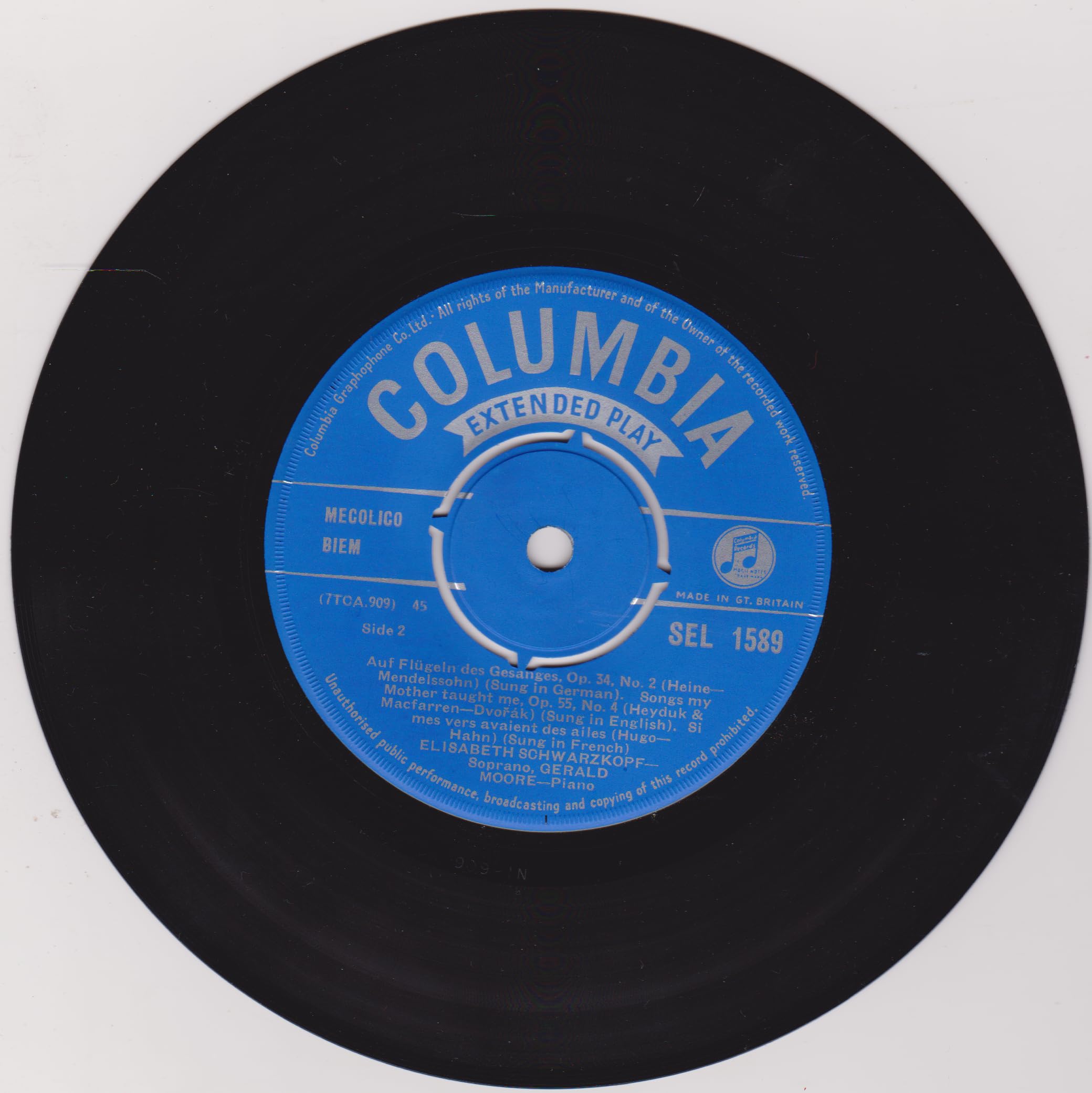 Elisabeth Schwarzkopf, Gerald Moore ‎– Songs You Love (No. 2) (Columbia) 7" vinyl EP VG/VG