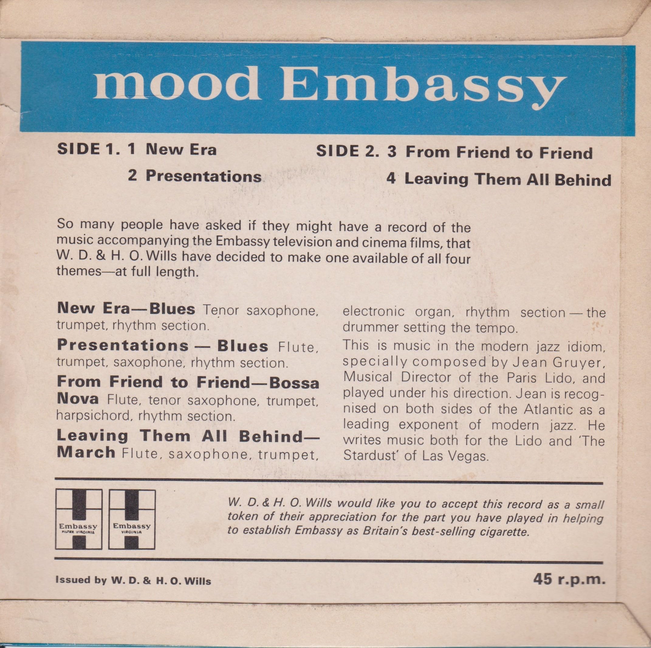 Jean Gruyer ‎– Mood Embassy (W.D & H.O Wills 1965) 7" vinyl EP VG/VG