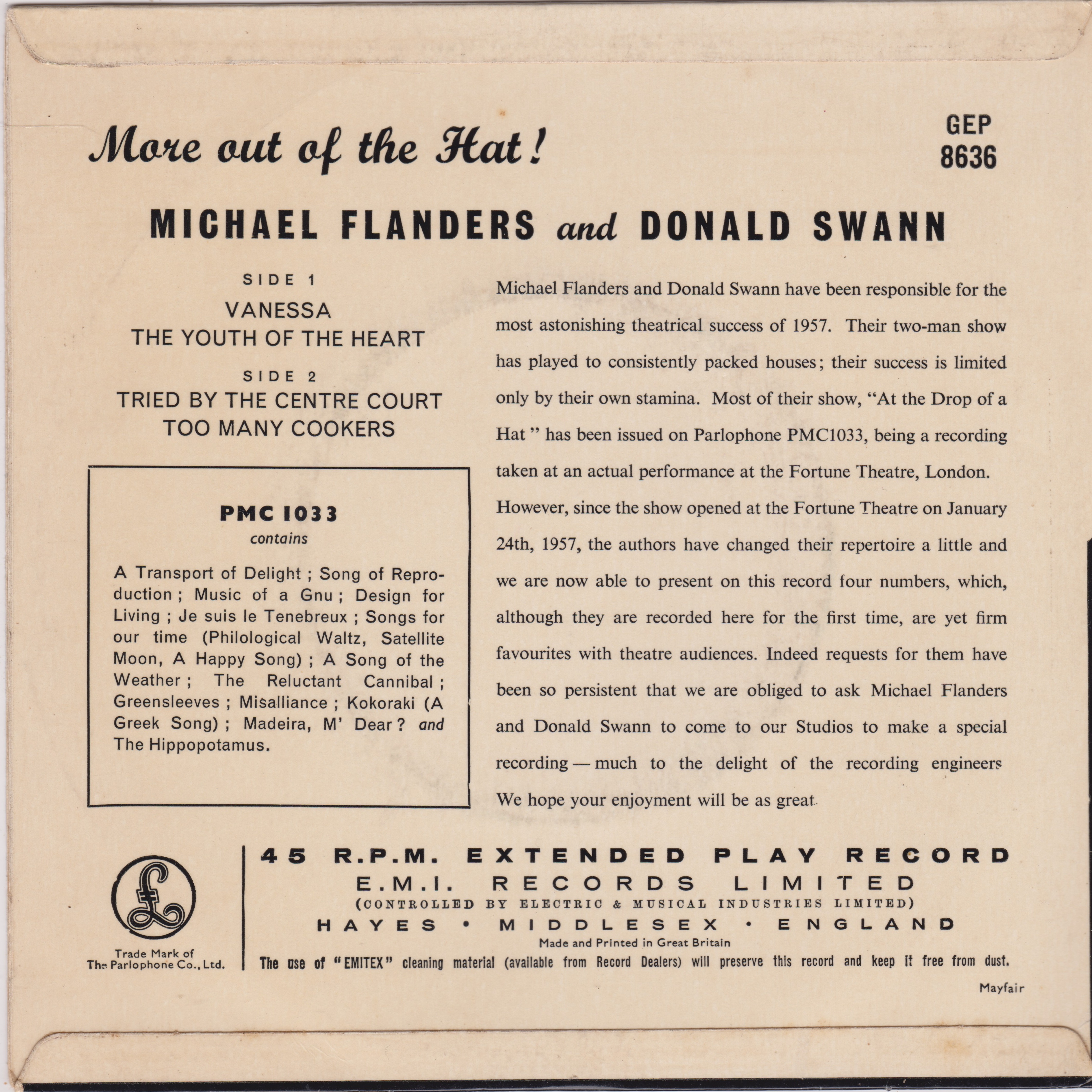 Michael Flanders And Donald Swann ‎– More Out Of The Hat! (Parlophone) 7" vinyl P/S EP VG/VG
