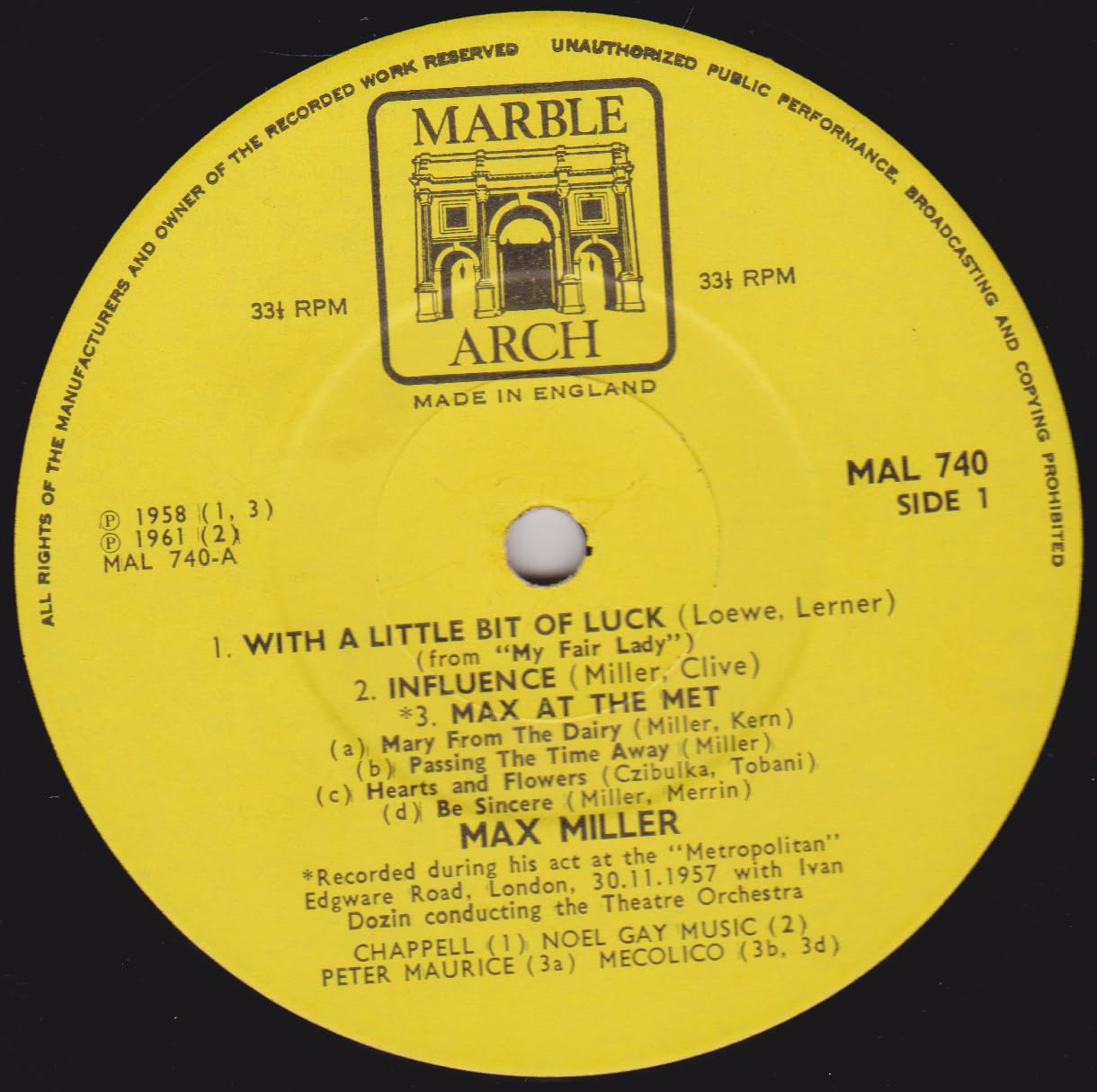 Max Miller ‎– Max At The Met (Marble Arch 1967) 12" vinyl LP VG/VG