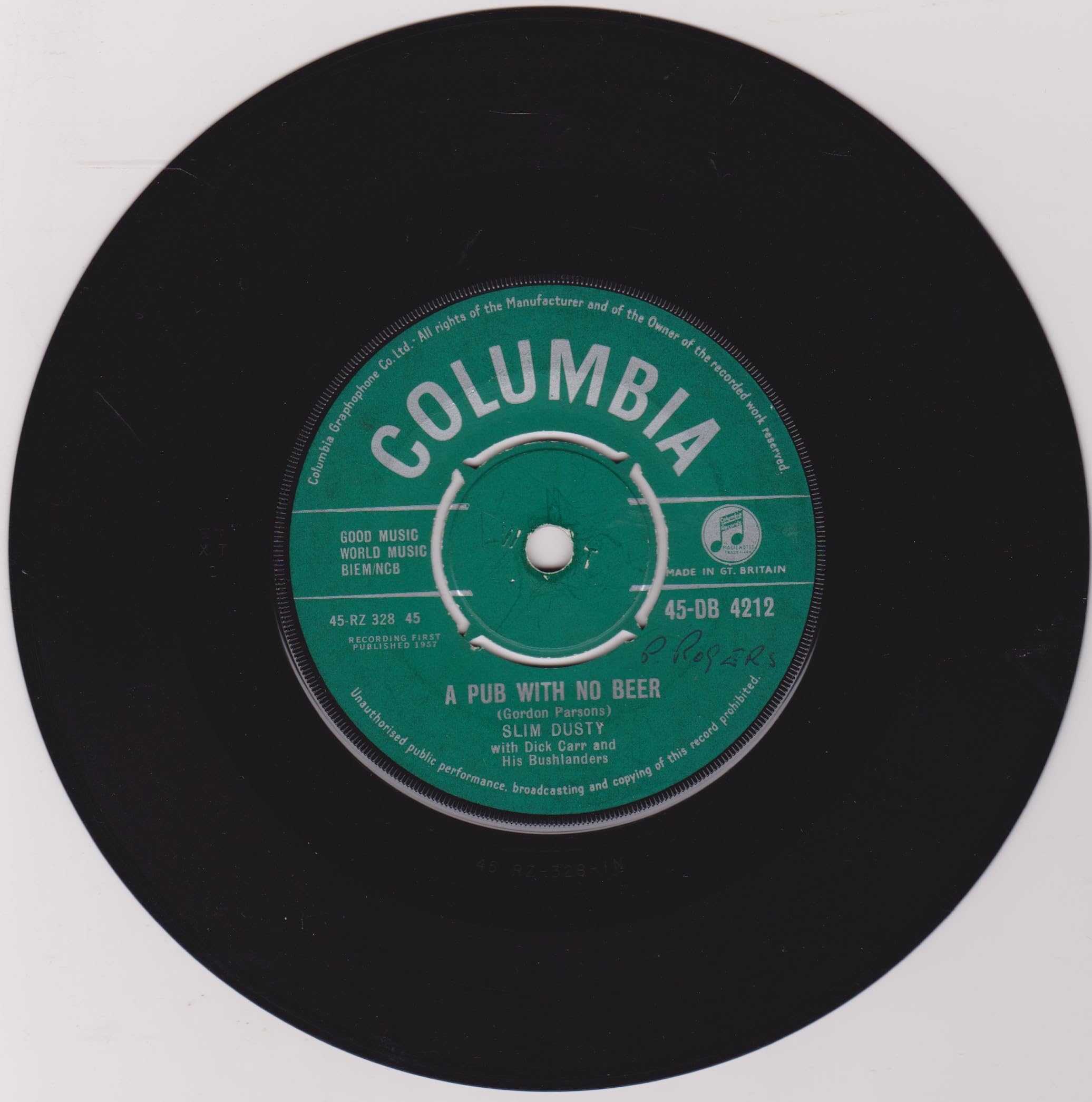 Slim Dusty And His Bushlanders ‎– A Pub With No Beer (Columbia) 7" vinyl single VG/-