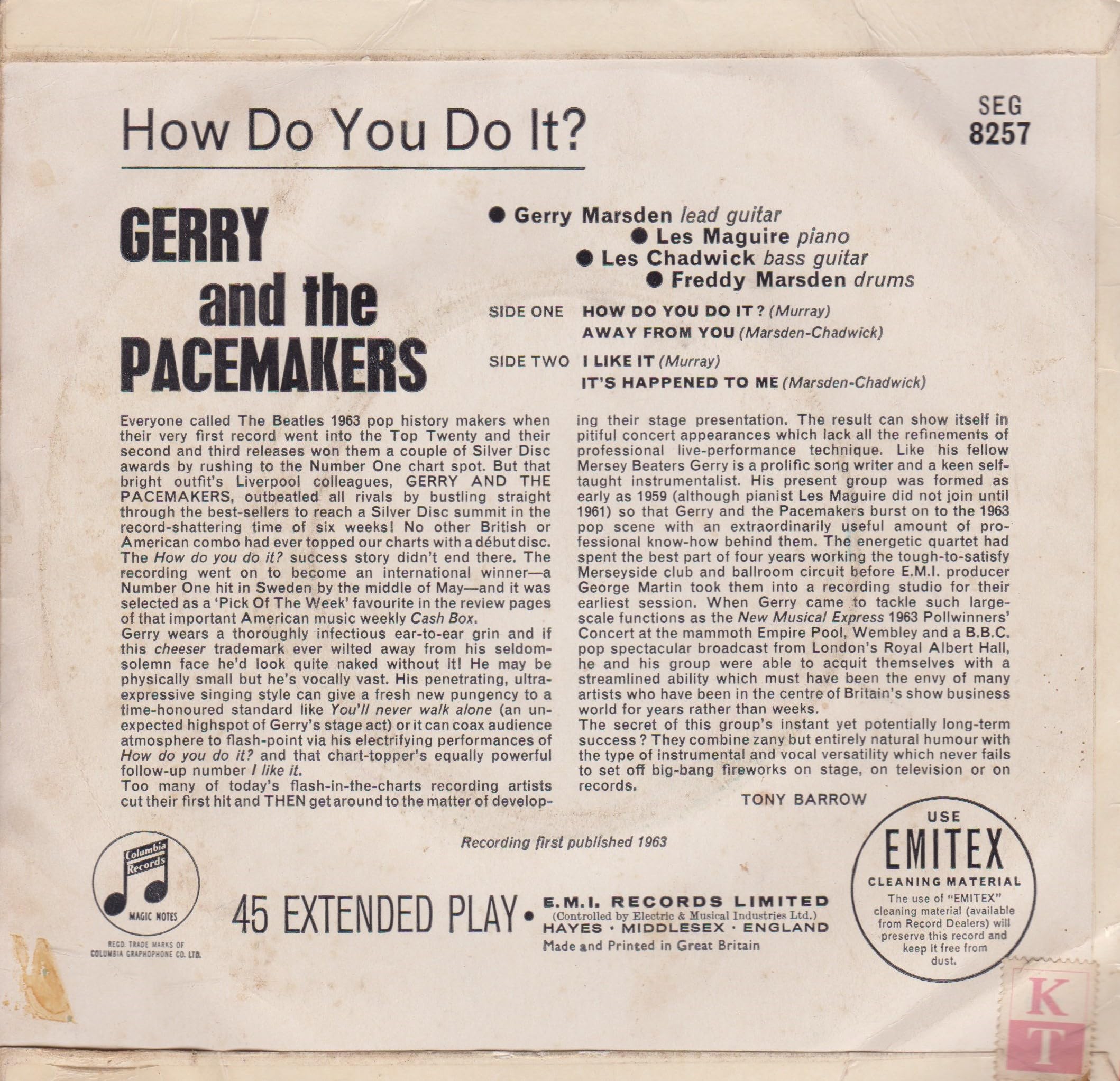 Gerry and The Pacemakers - How Do You Do It? (Columbia 1963) 7" vinyl EP VG/VG