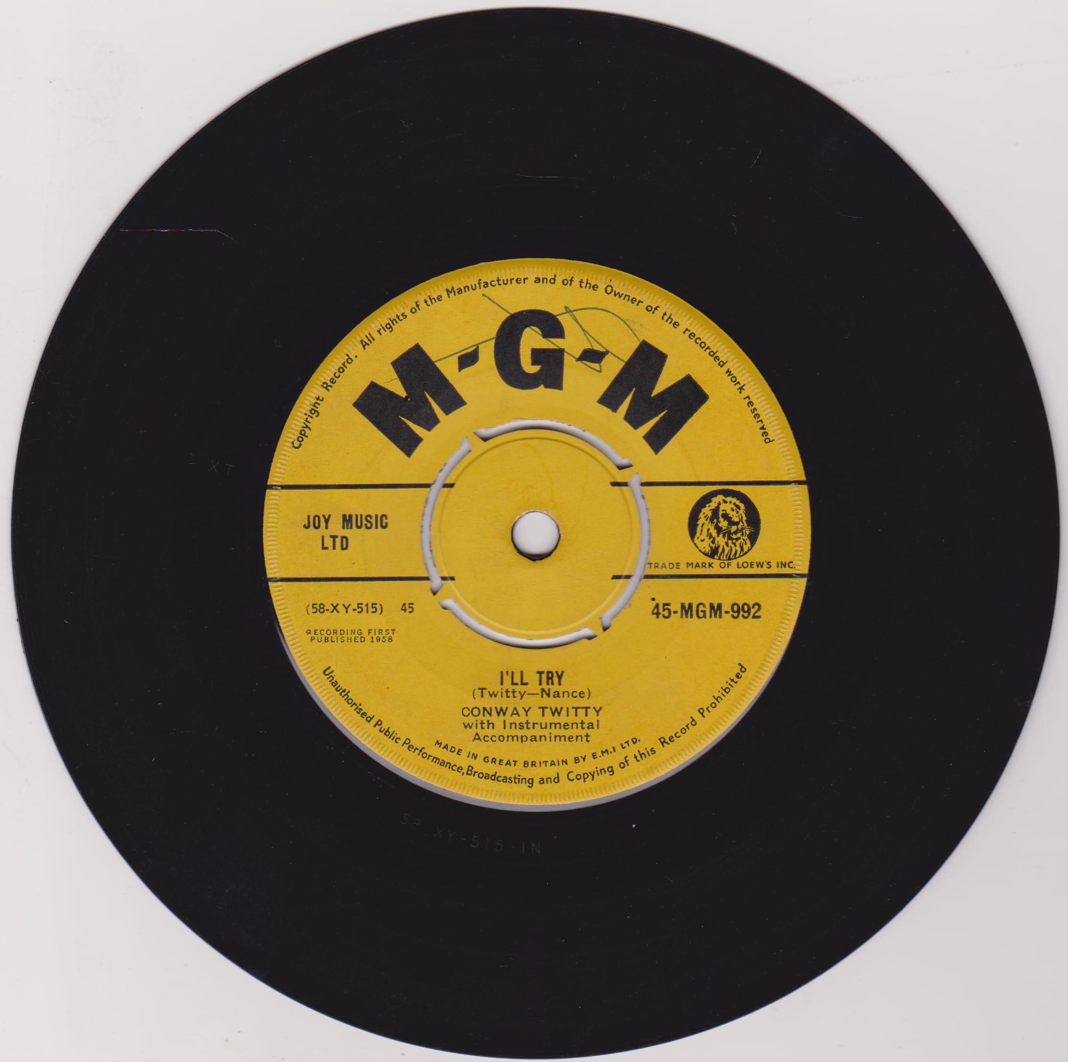 Conway Twitty ‎– It's Only Make Believe (MGM 1958) 7" vinyl single VG/-