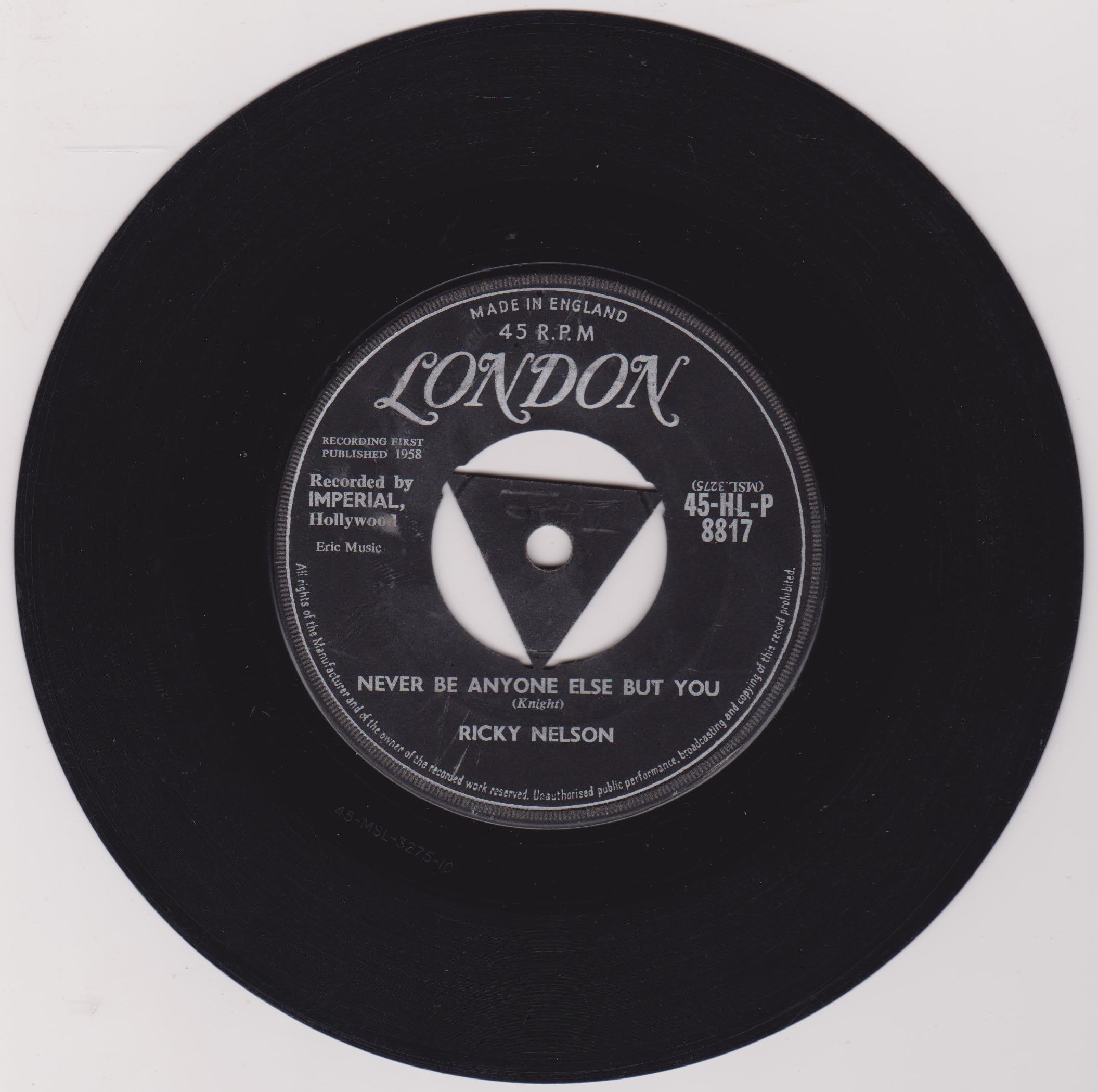 Ricky Nelson ‎– It's Late (London 1959) 7" vinyl single VG/VG