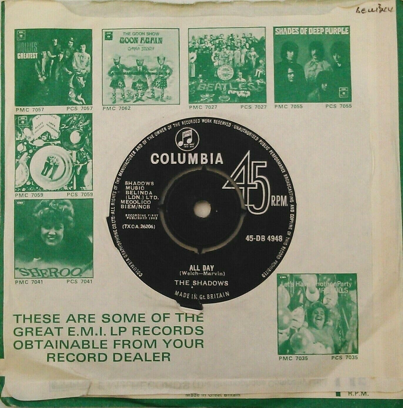 The Shadows - Dance On! (Columbia 1963) 7" vinyl single VG/-