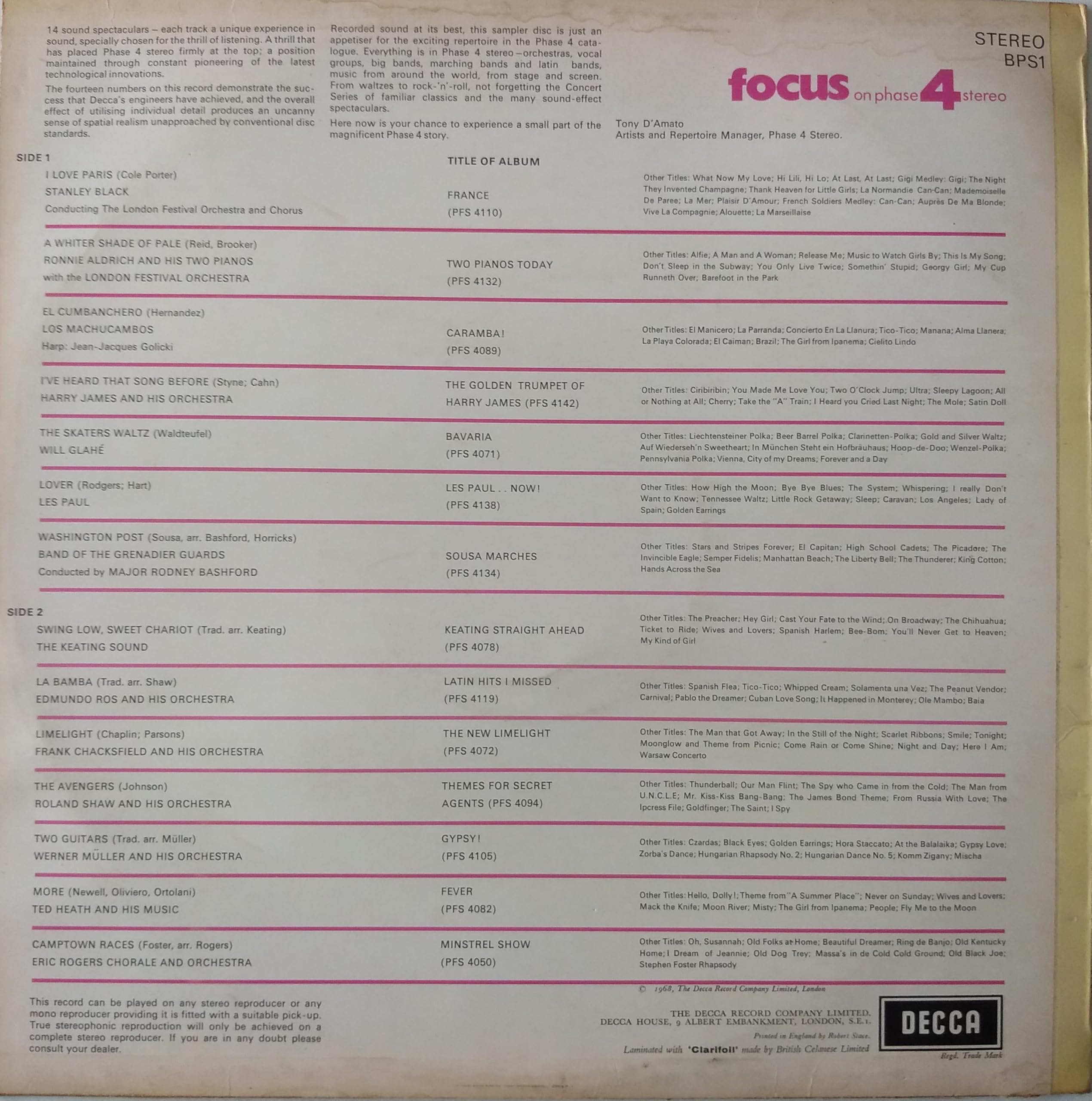 Various – Focus On Phase 4 Stereo (Decca 1968) 12" vinyl LP VG/VG