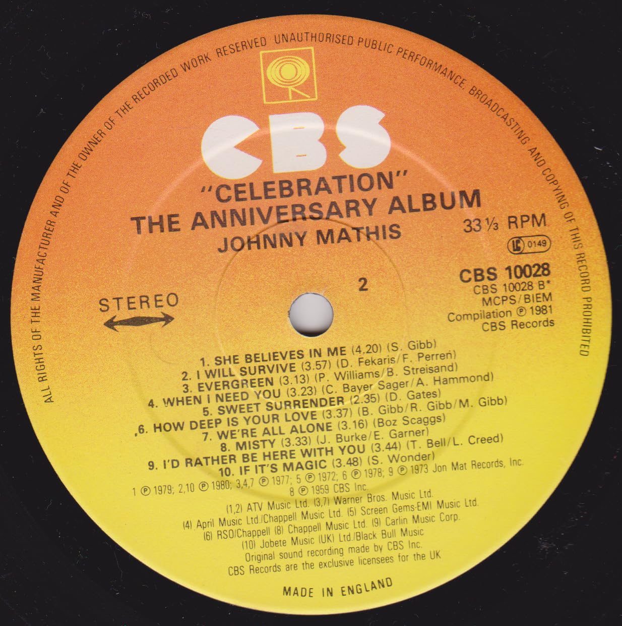 Johnny Mathis- Celebration (CBS 1981) 12" vinyl LP VG/VG