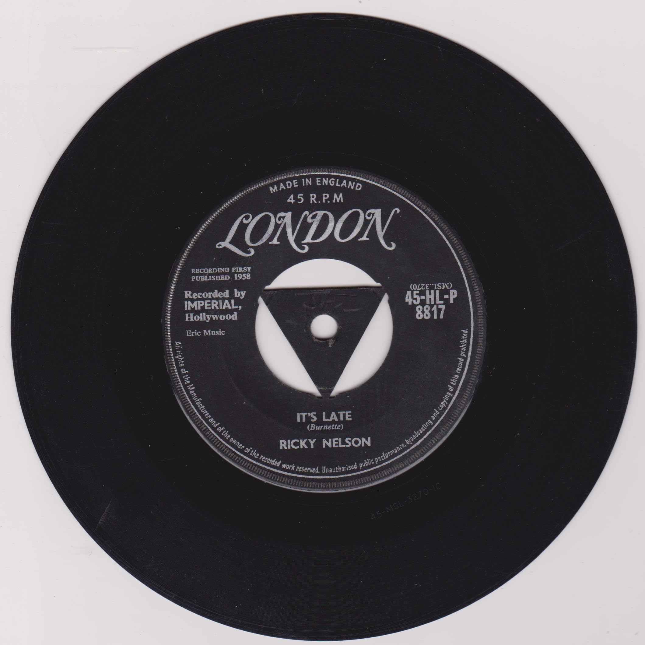 Ricky Nelson ‎– It's Late (London 1959) 7" vinyl single VG/VG