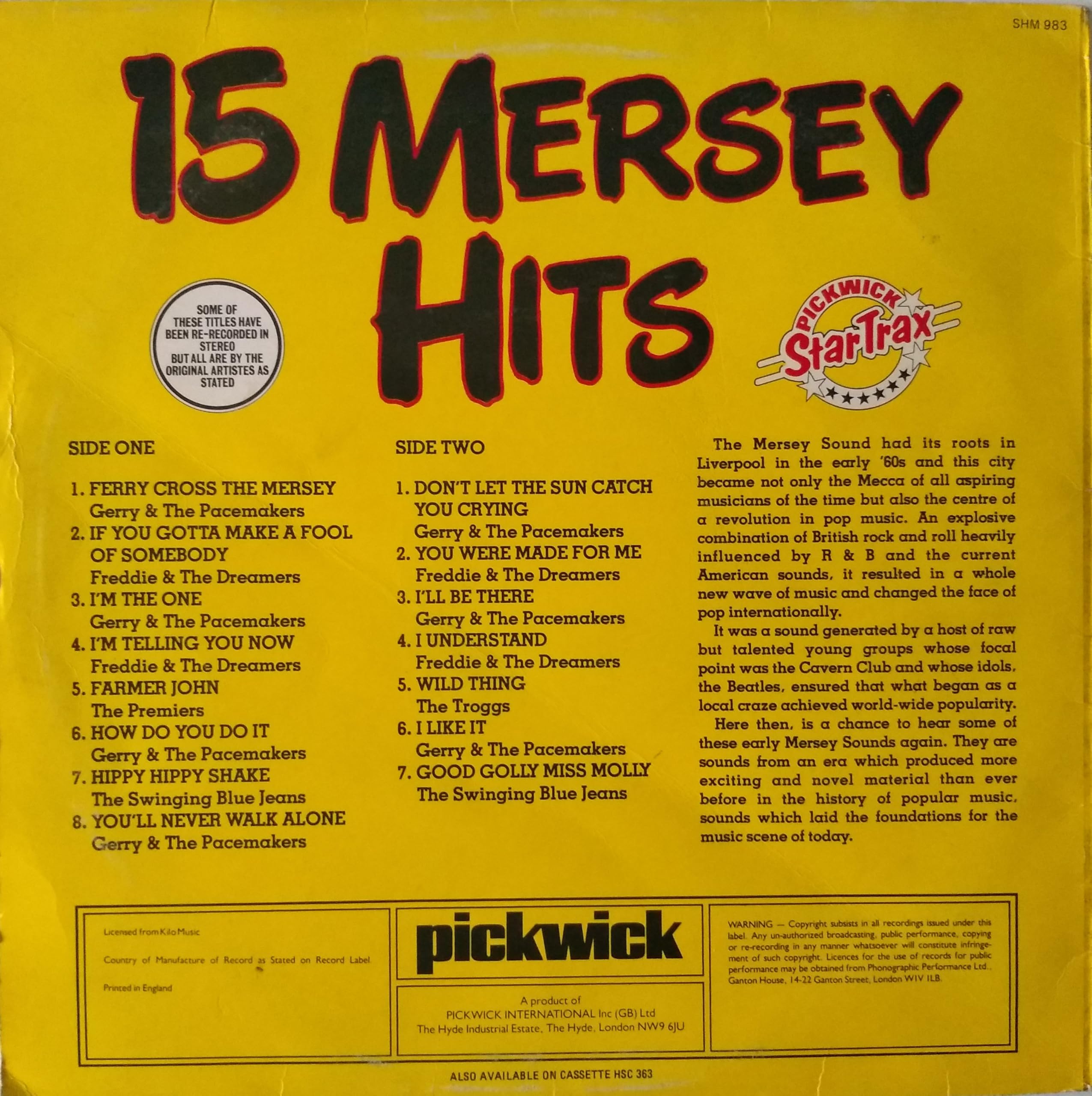 Various ‎– 15 Mersey Hits (Pickwick 1976) 12" vinyl LP VG/VG