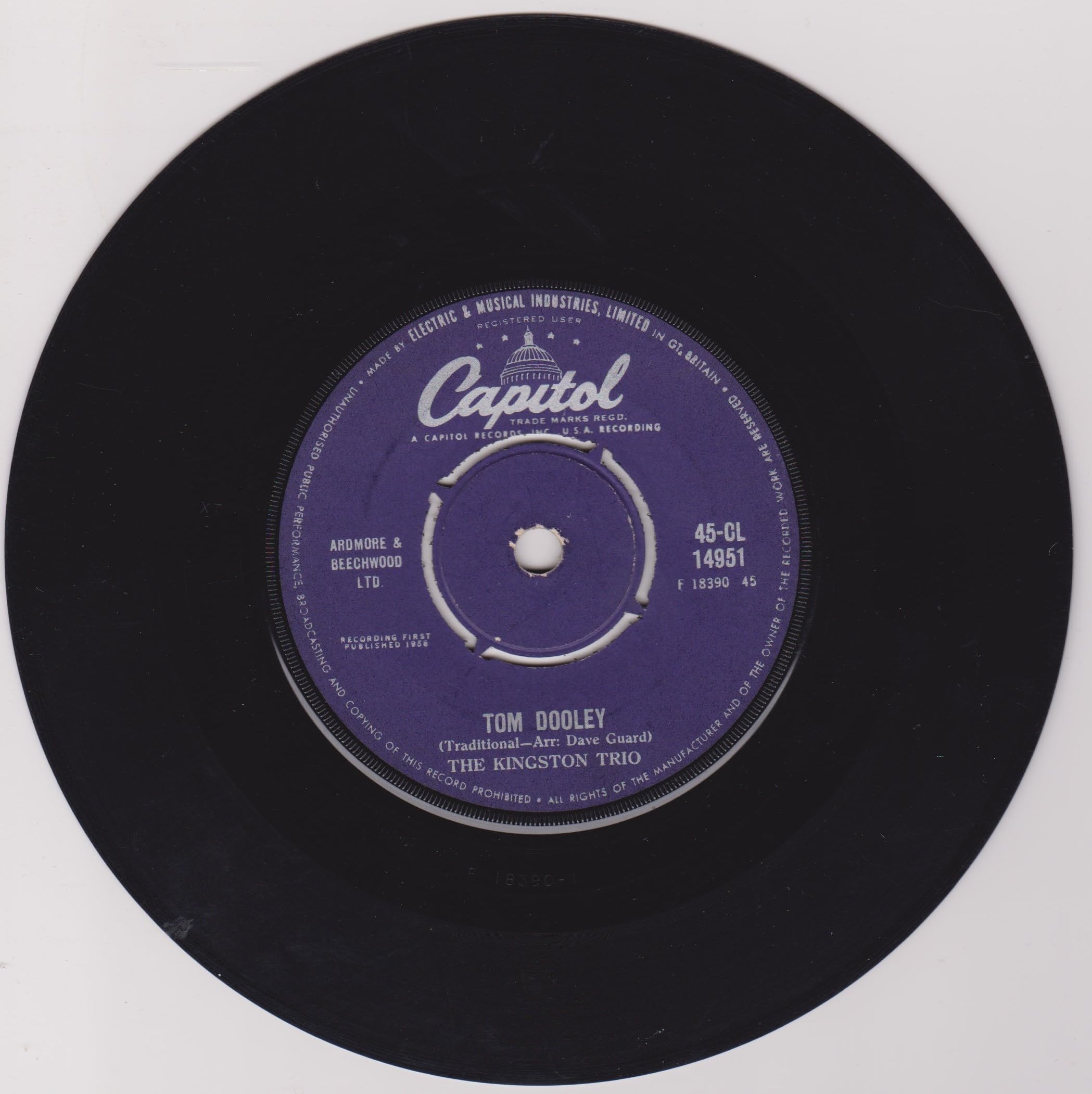 The Kingston Trio ‎– Tom Dooley (Capitol 1959) 7" vinyl single VG/-