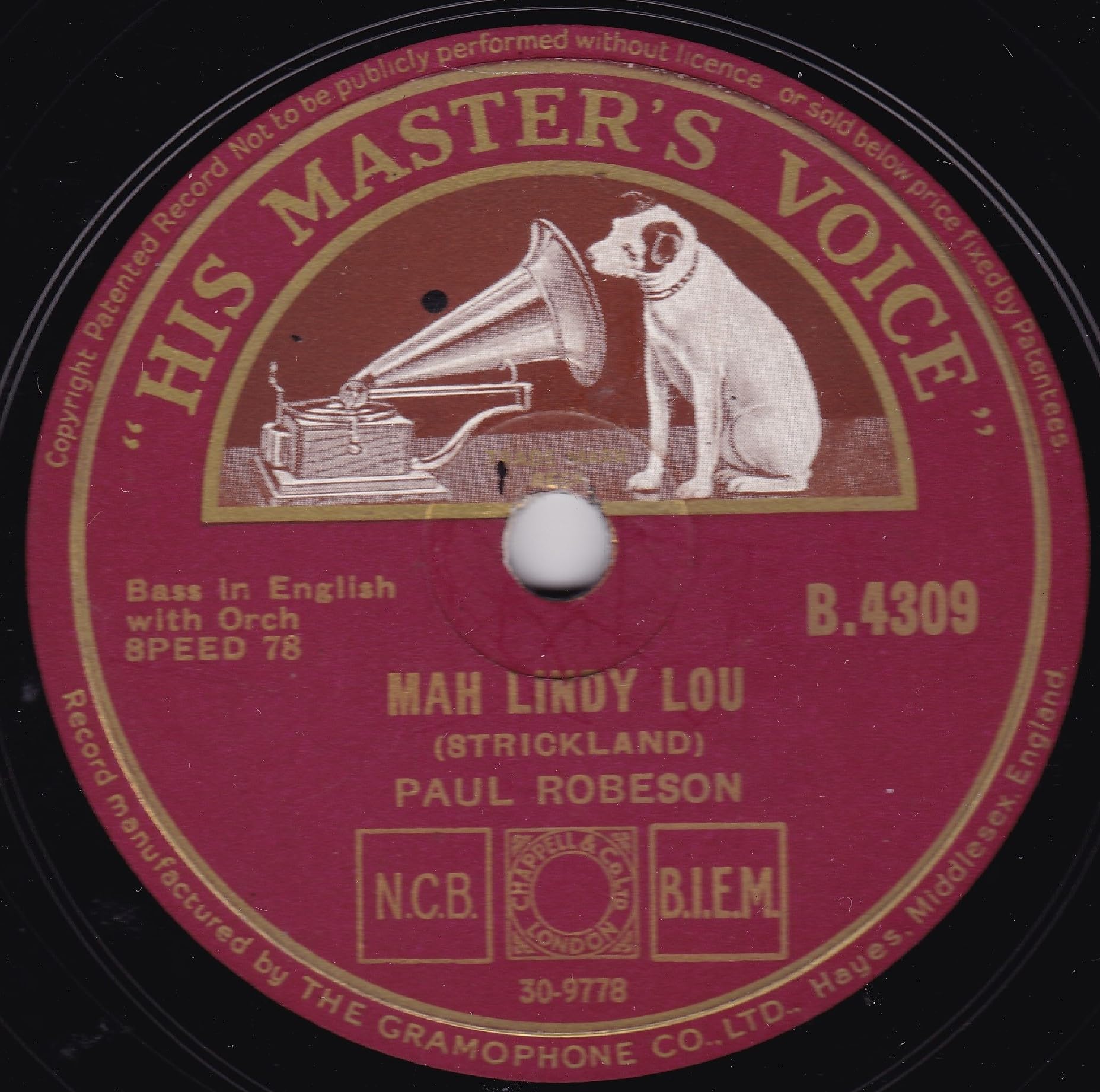 Paul Robeson – Mah Lindy Lou (HMV 1951) 10" 78RPM shellac single VG/-