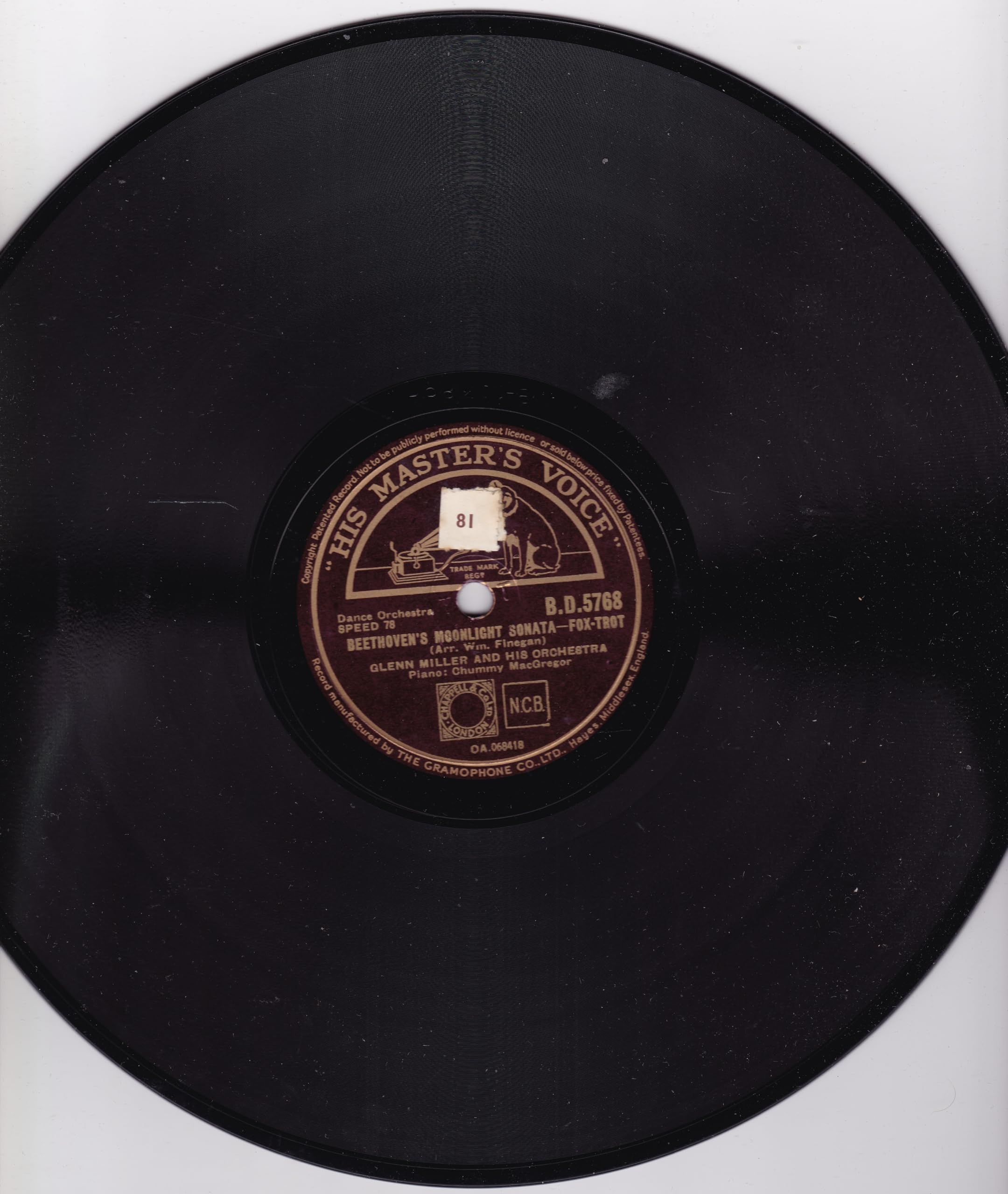 Glenn Miller And His Orchestra ‎– Beethoven's Moonlight Sonata (HMV) 10" 78RPM shellac single VG/-