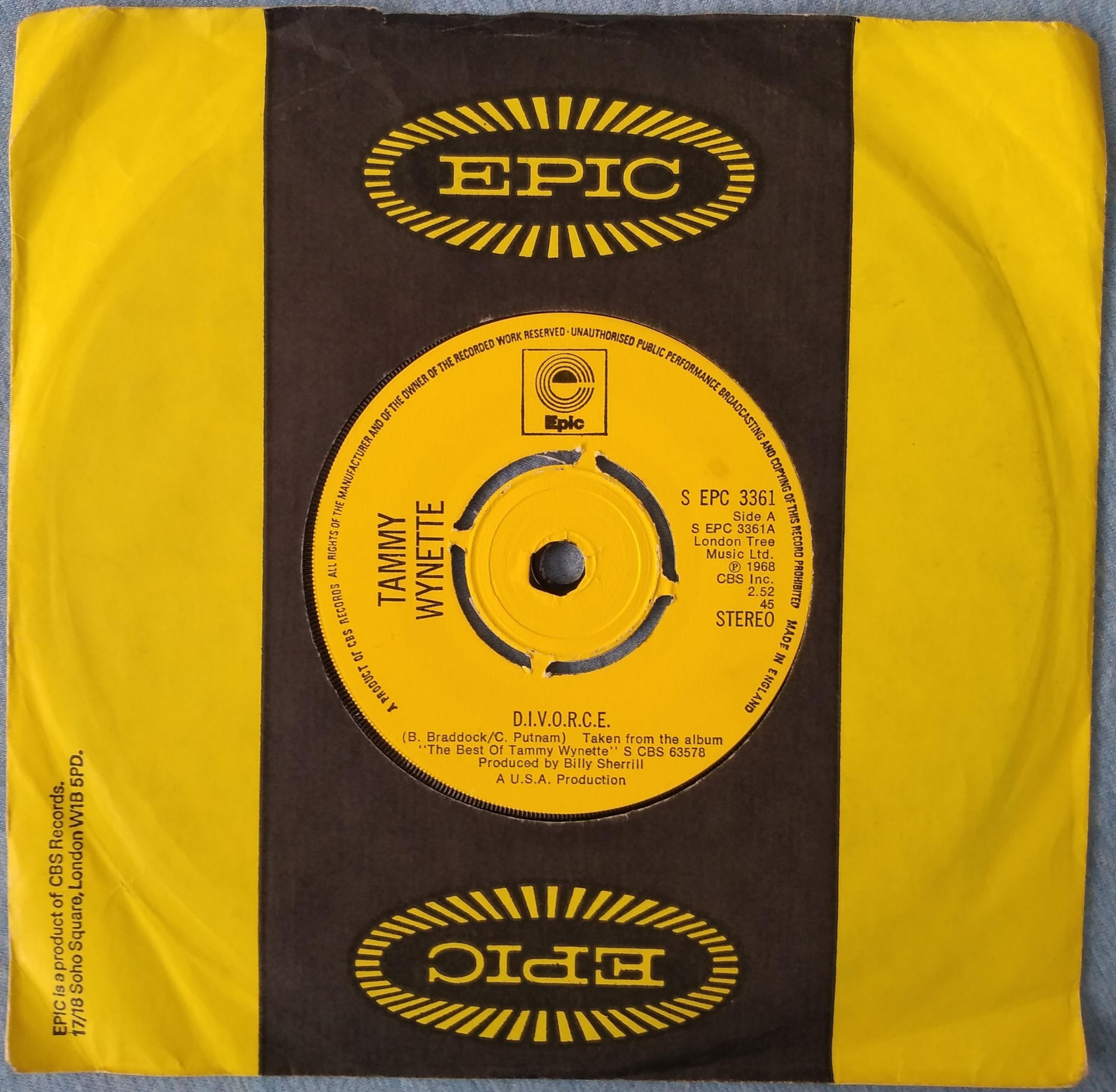 Tammy Wynette - D.I.V.O.R.C.E. (Epic 1975) 7" vinyl single VG/VG