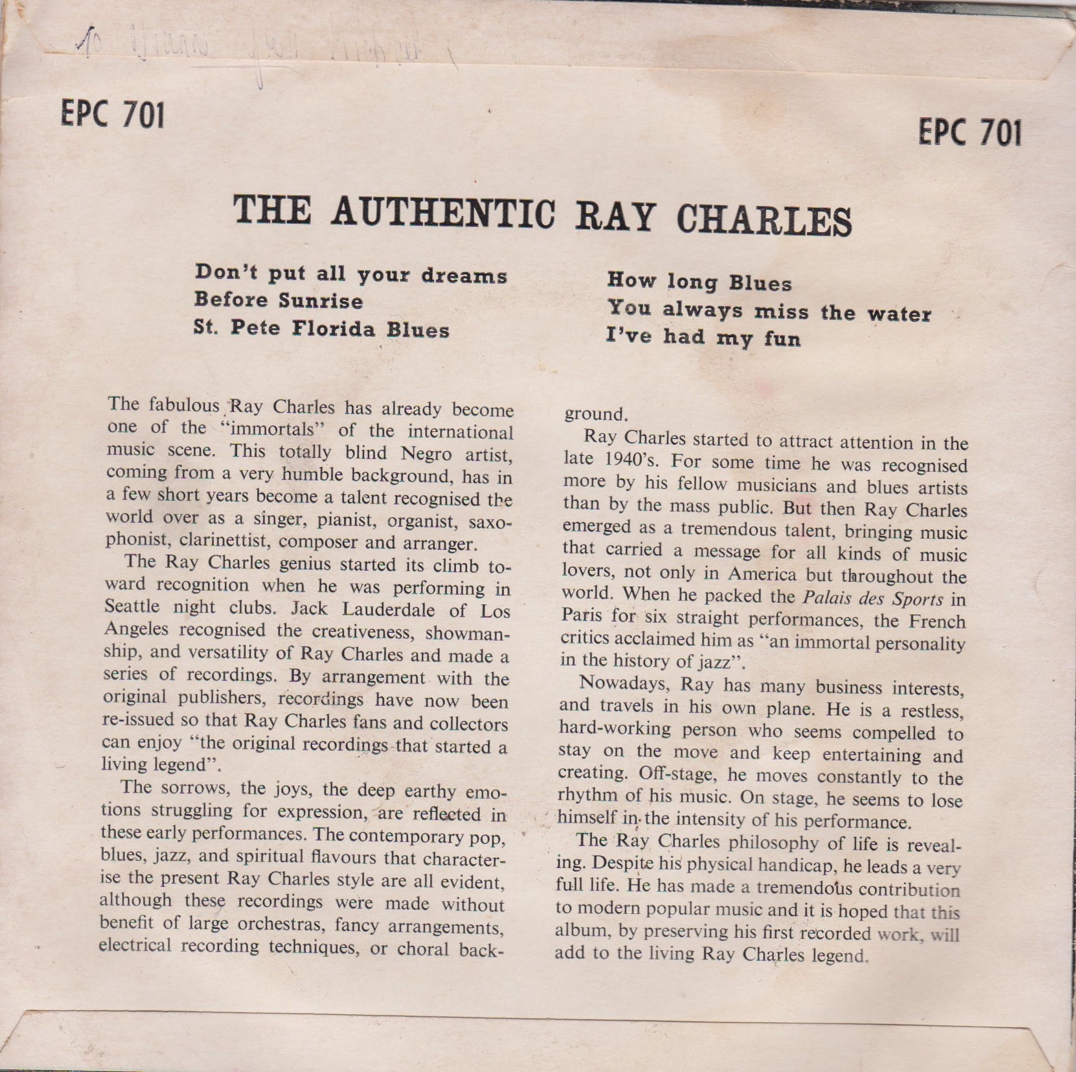 The Authentic Ray Charles (Pop Parade 1962) 7" vinyl EP VG/G+