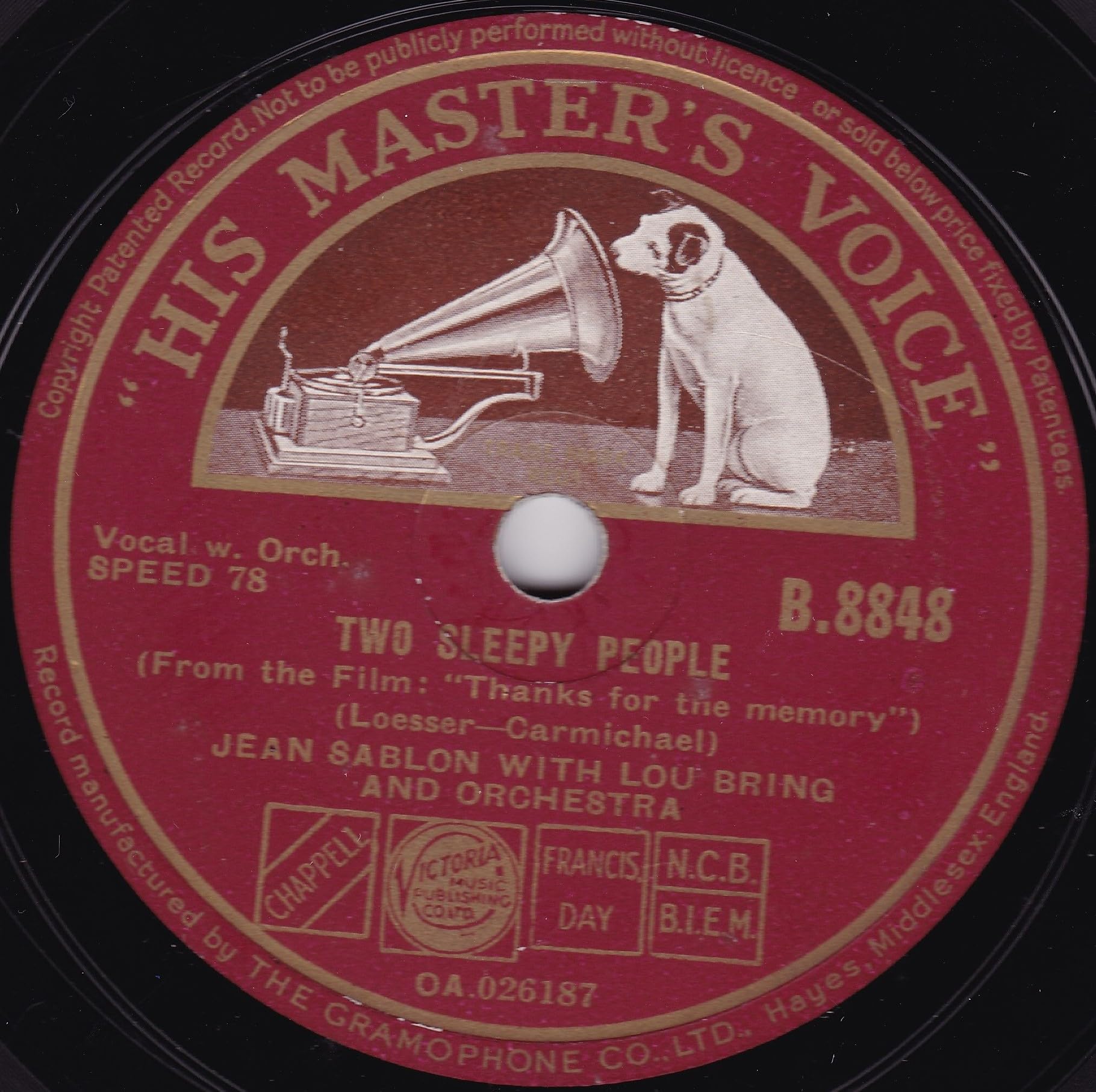 Jean Sablon With Lou Bring And His Orchestra – Two Sleepy People (HMV 1939) 10" 78RPM shellac single VG/-