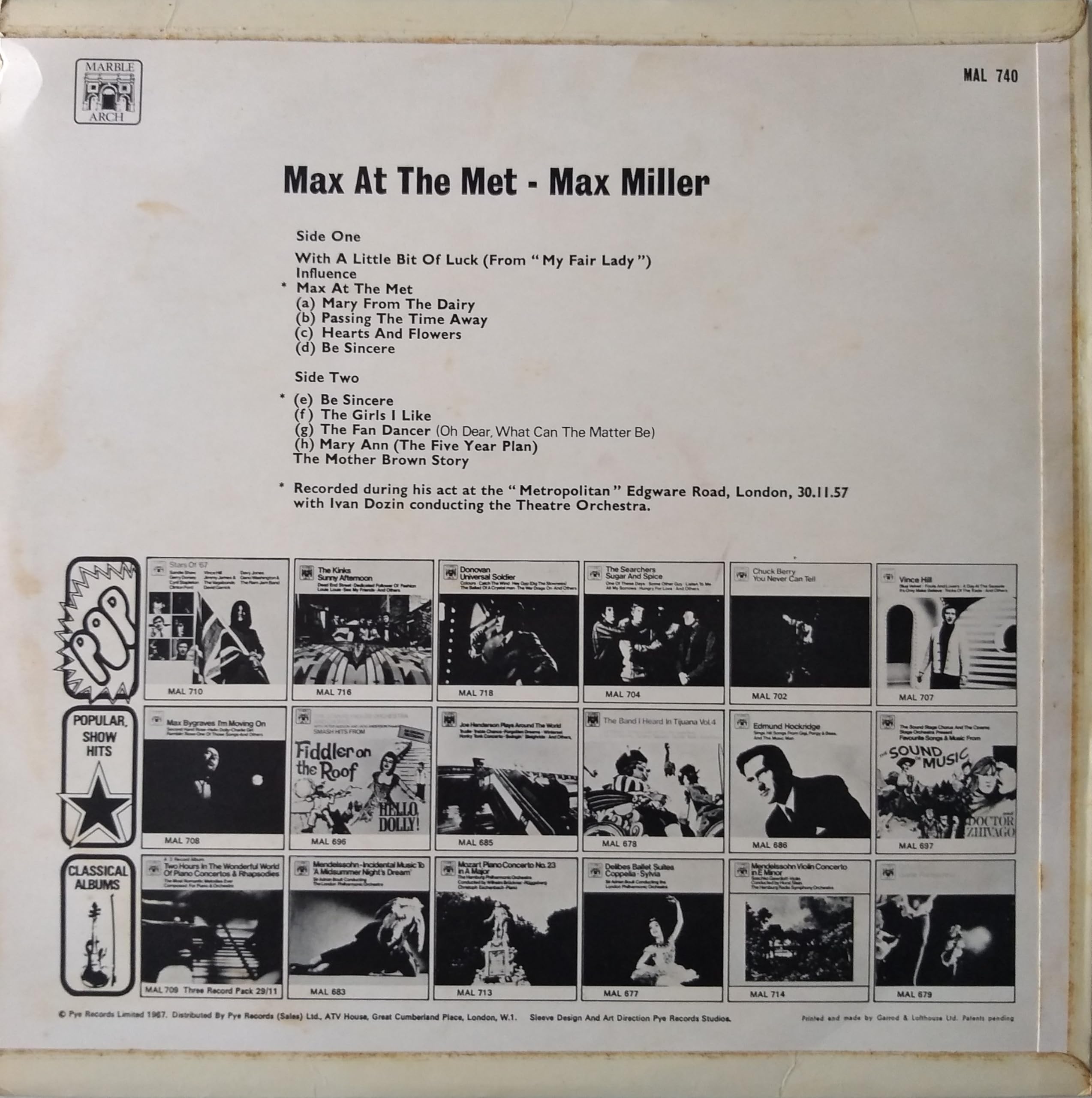 Max Miller ‎– Max At The Met (Marble Arch 1967) 12" vinyl LP VG/VG