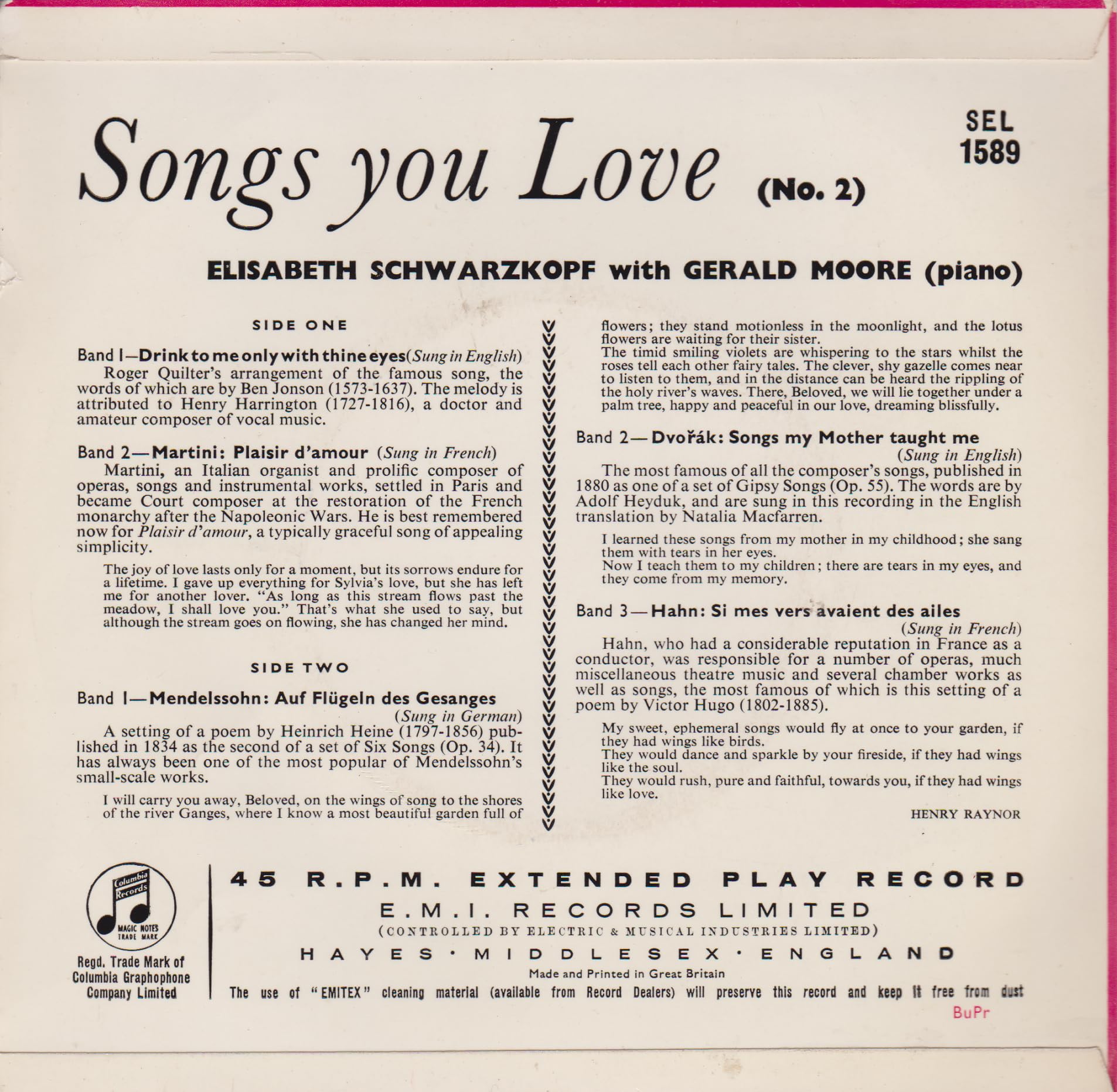 Elisabeth Schwarzkopf, Gerald Moore ‎– Songs You Love (No. 2) (Columbia) 7" vinyl EP VG/VG