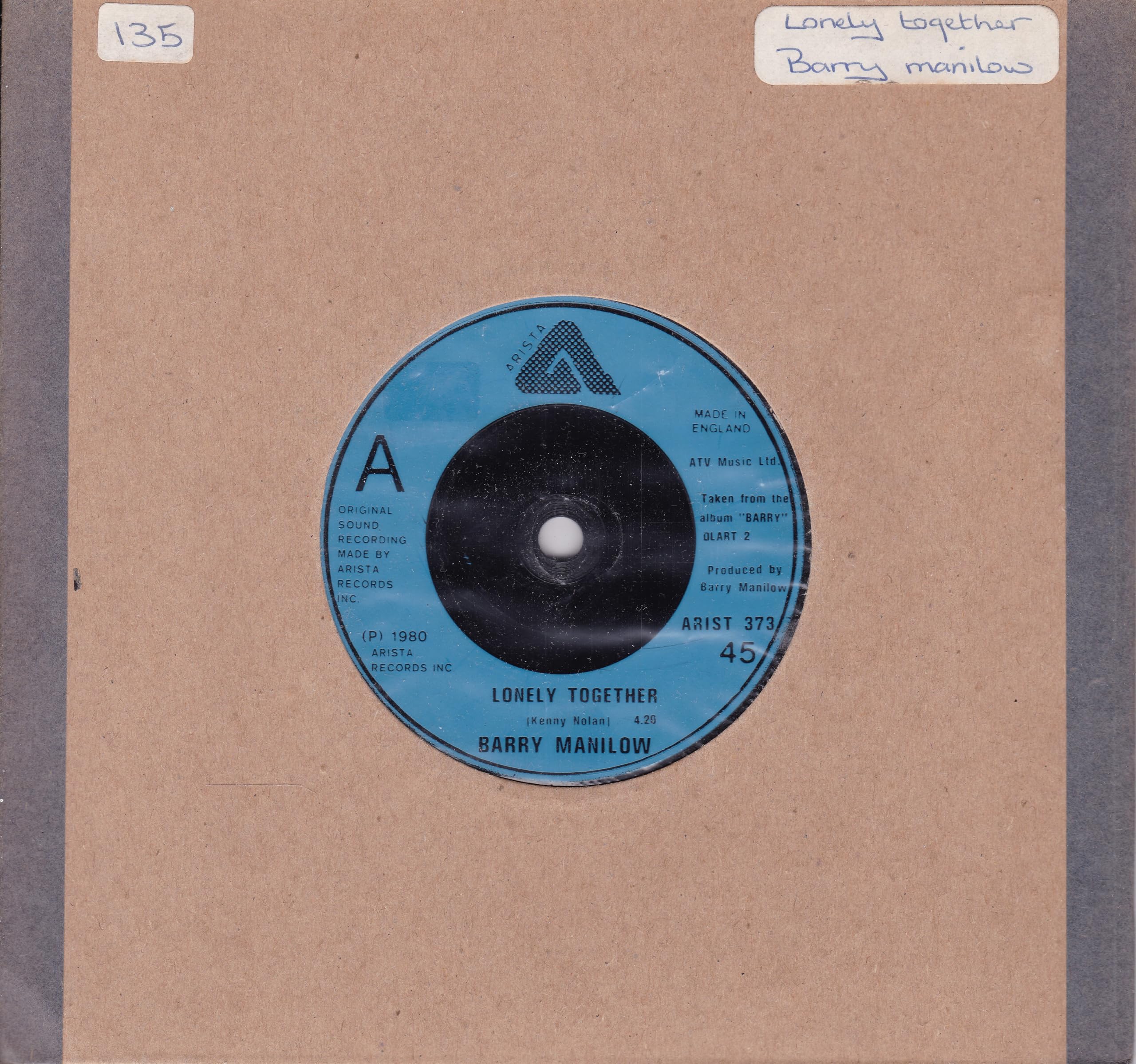 Barry Manilow - Lonely Together (Arista 1980) 7" vinyl single VG/-