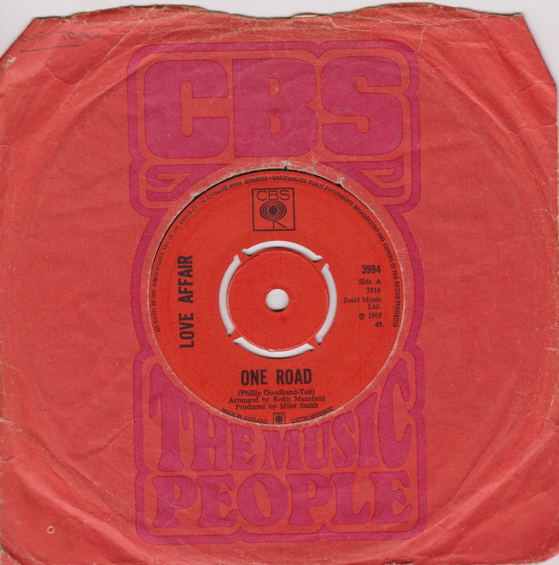 Love Affair – One Road (CBS 1969) 7" vinyl single VG/-