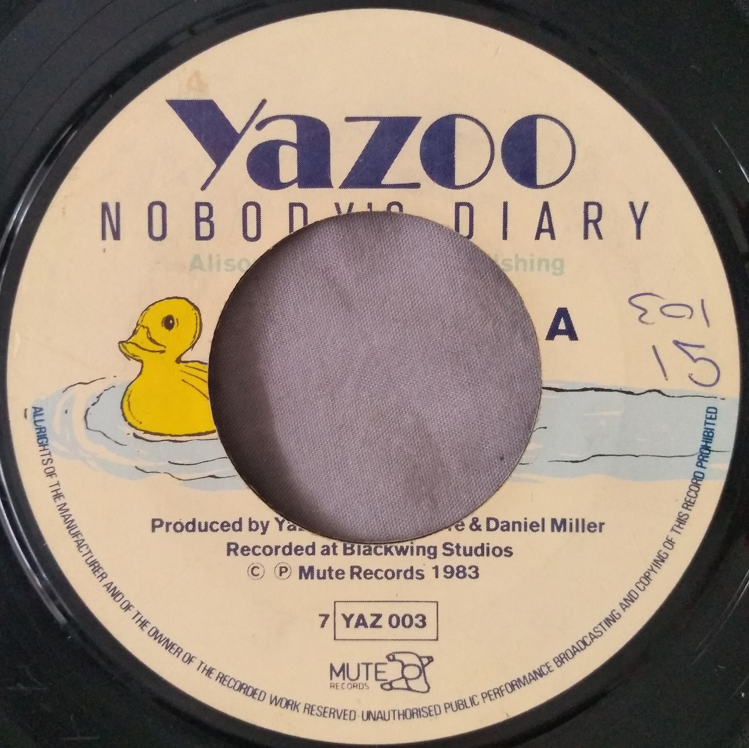 Yazoo – Nobody's Diary (Mute 1983) 7" vinyl single VG/- jukebox centre