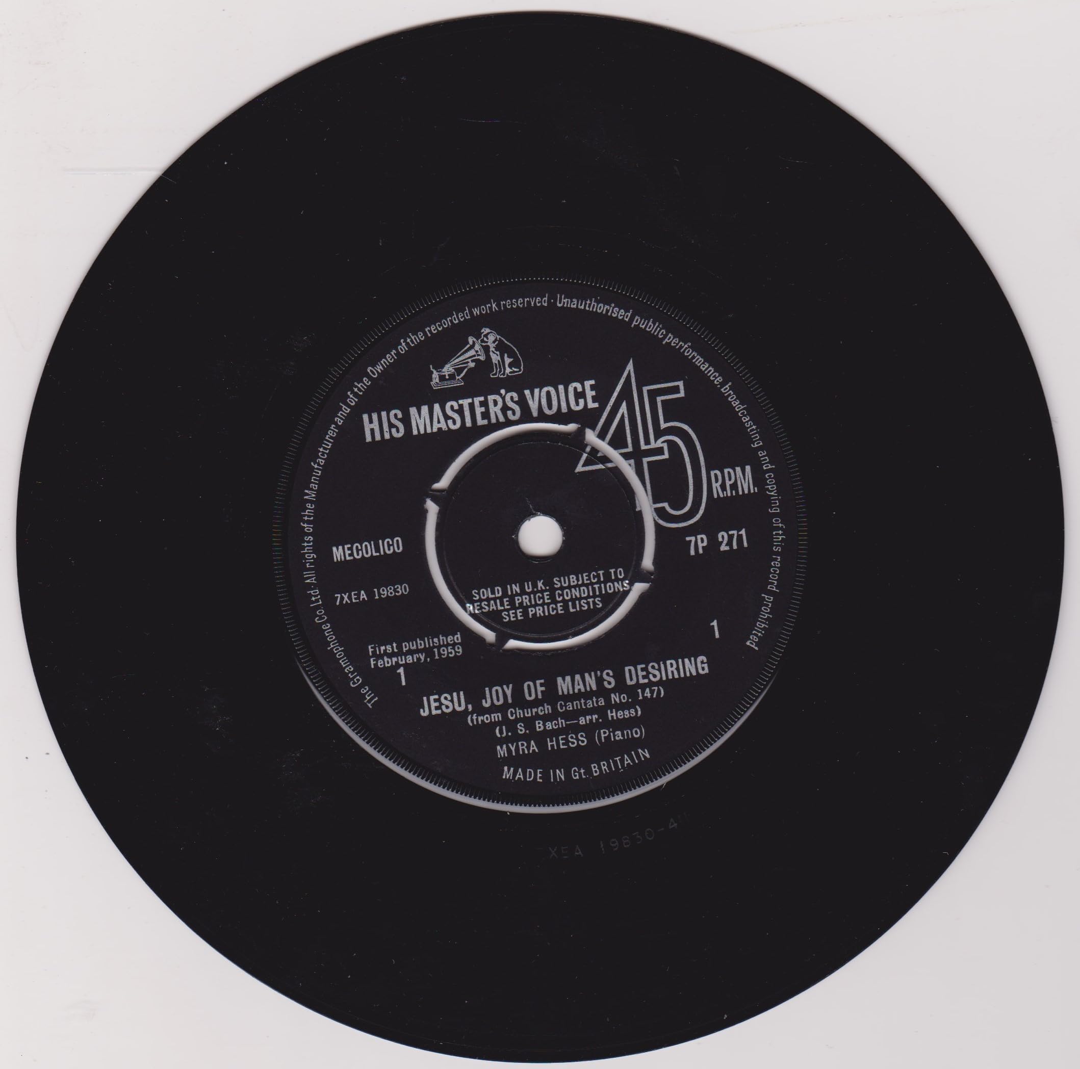 Myra Hess ‎– Jesu, Joy Of Man's Desiring (HMV) 7" vinyl single VG/VG