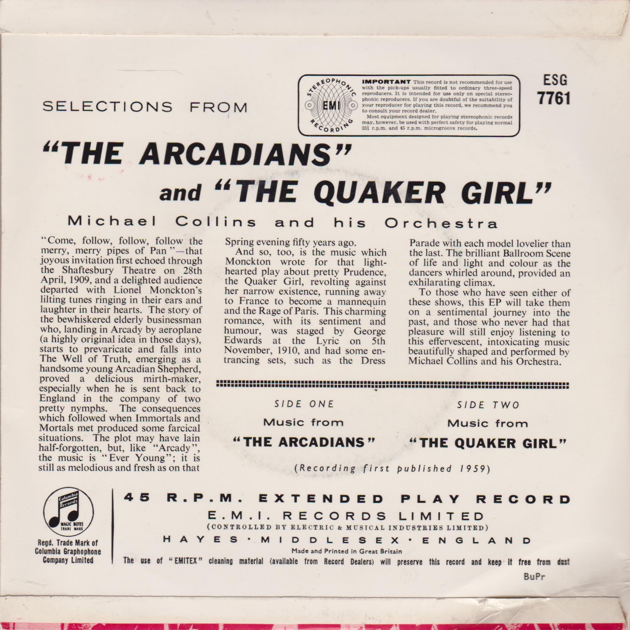 Michael Collins And His Orchestra ‎– Selections From "The Arcadians" And "The Quaker Girl" (Columbia 1959) 7" vinyl EP VG/VG