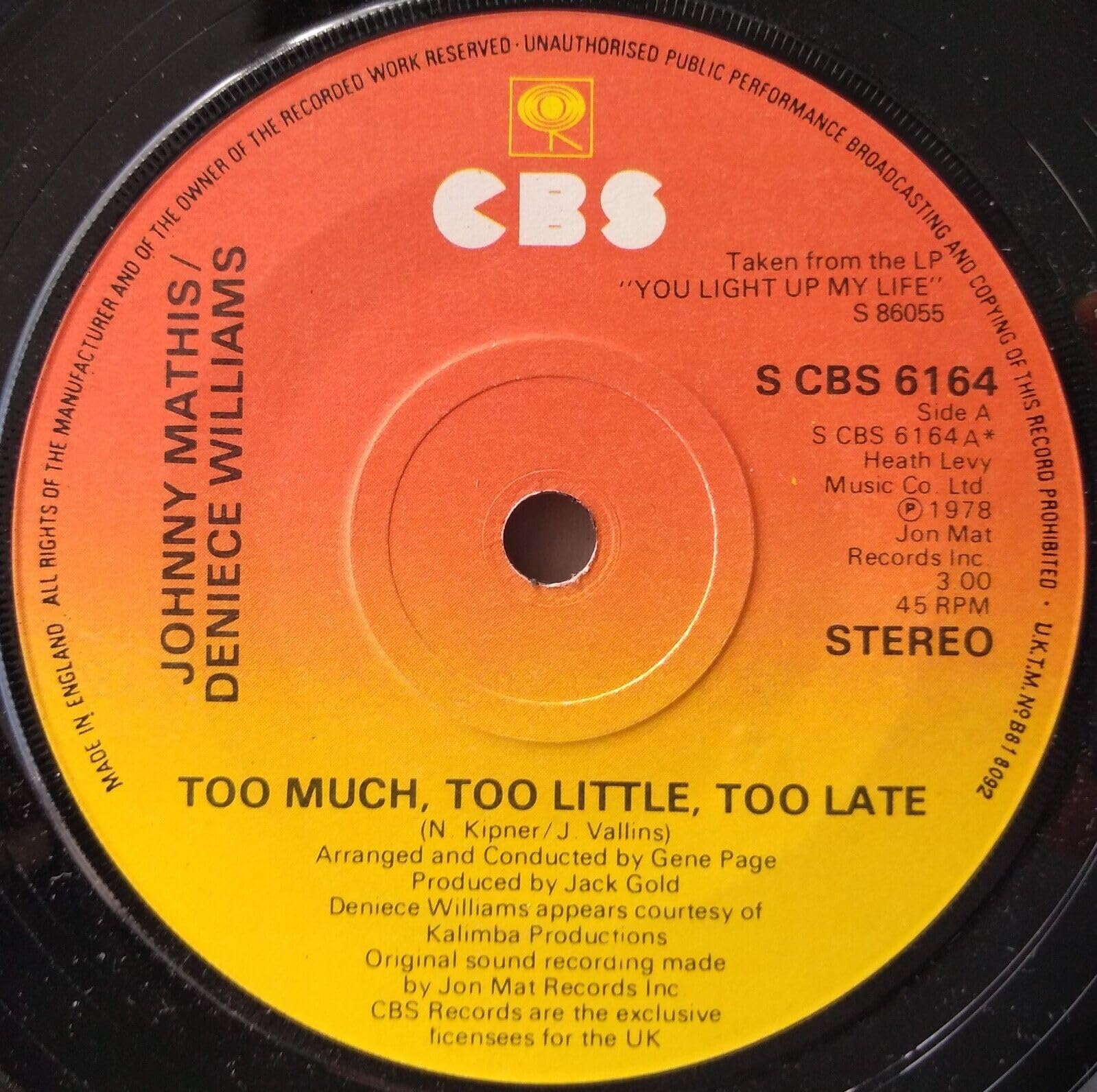 Johnny Mathis & Deniece Williams - Too Much, Too Little, Too Late (CBS 1978) 7" vinyl single VG/-
